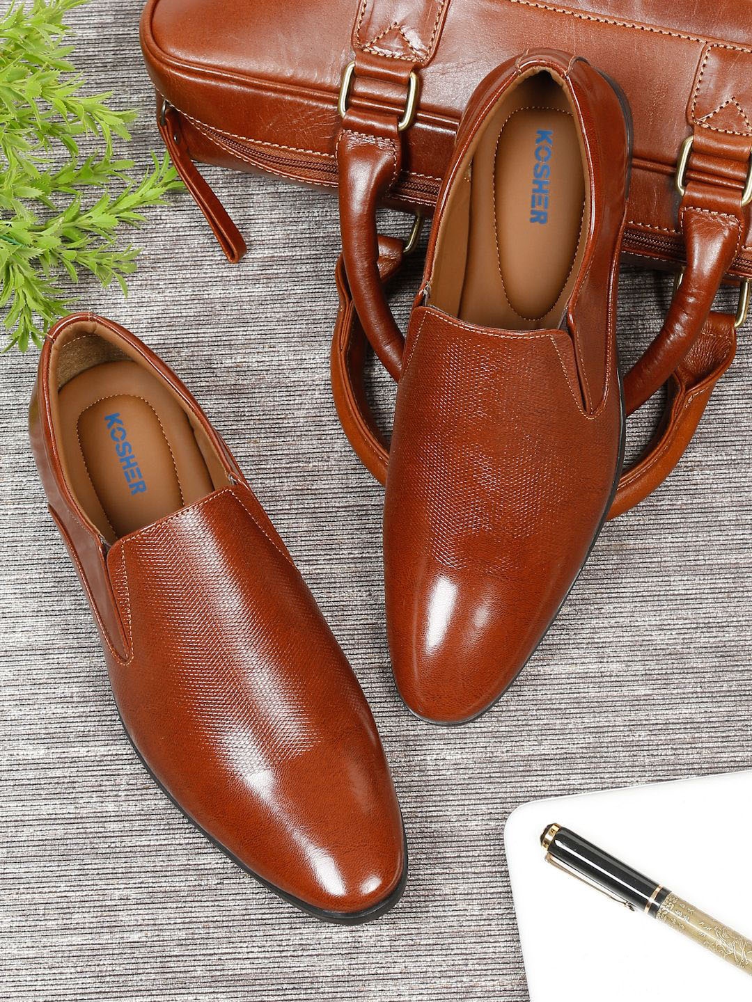 

Kosher Men Textured Leather Round Toe Formal Slip-Ons, Brown