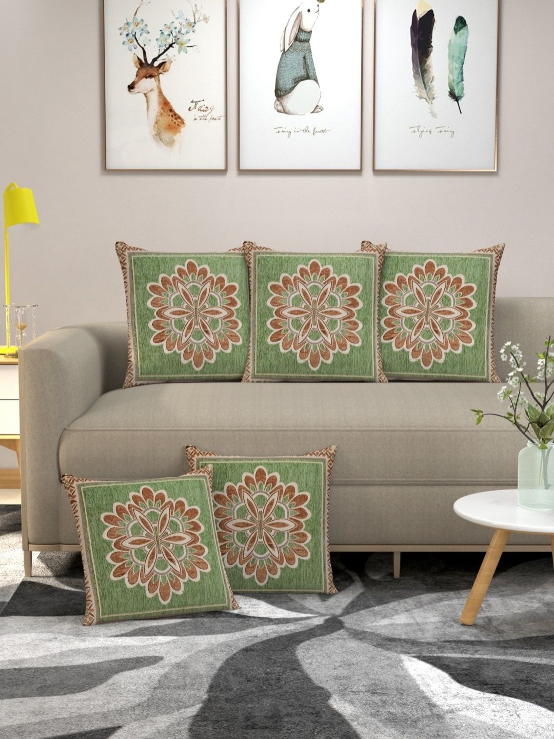 

MULTITEX Green & Brown 5 Pieces Floral Printed Velvet Square Cushion Covers