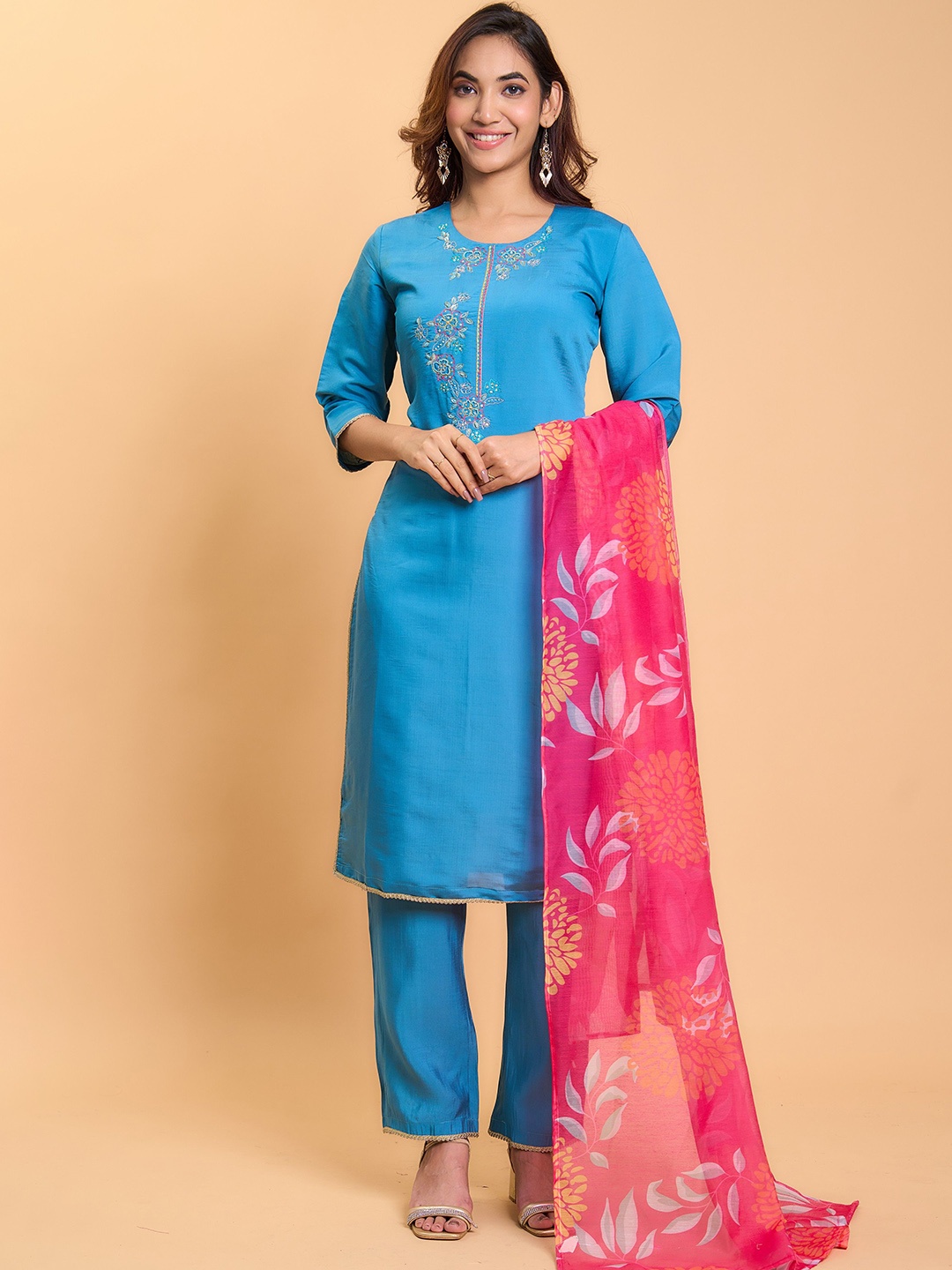 

KALINI Floral Embroidered Chanderi Silk Kurta With Trousers & Dupatta, Blue