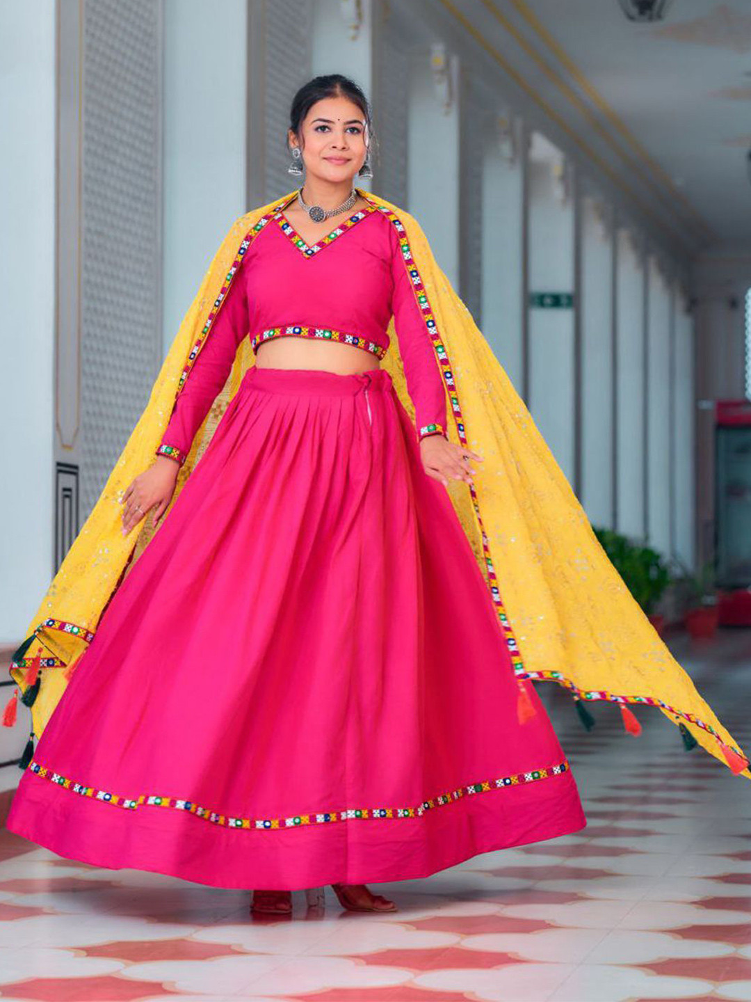 

ZIBLON Embroidered Mirror Work Ready to Wear Lehenga & Blouse With Dupatta, Pink