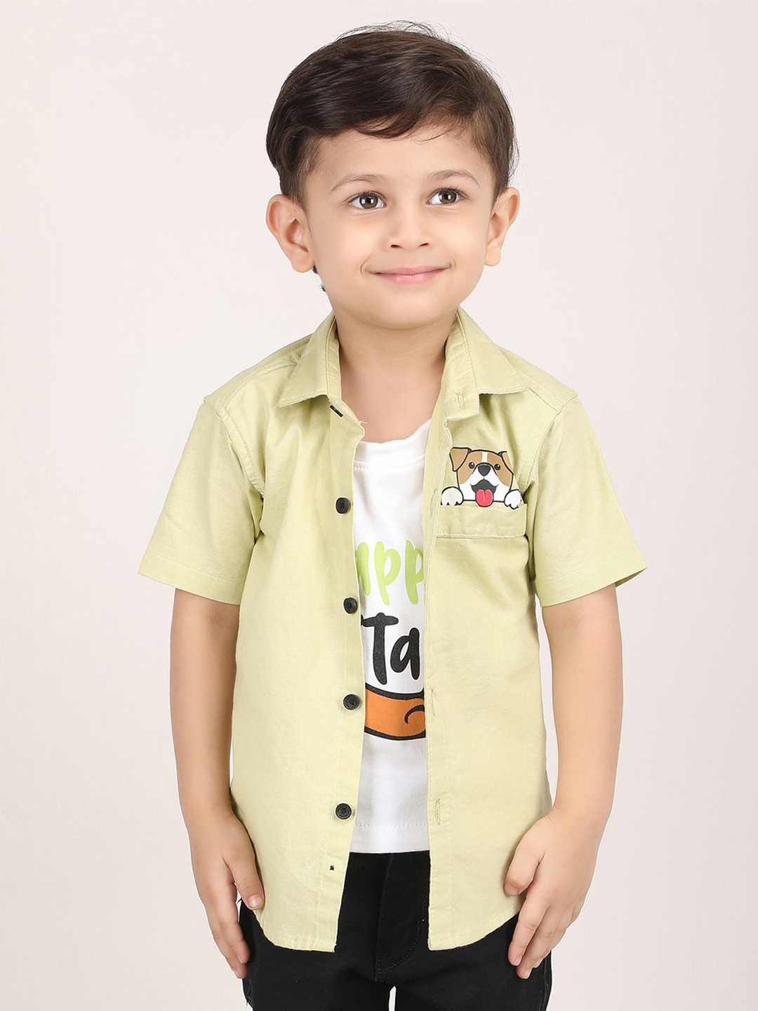 

Polka Tots Boys Classic Spread Collar Graphic Printed Cotton Casual Shirt, Yellow