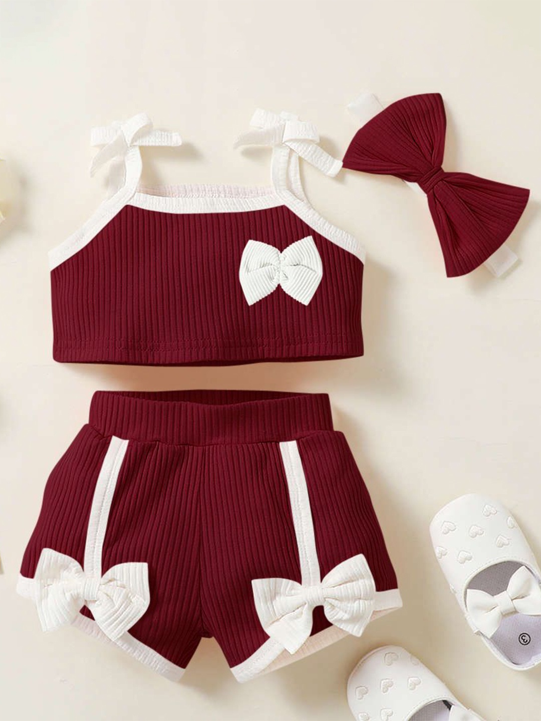 

Emblica Unisex Kids Striped Bow Top with Shorts, Maroon