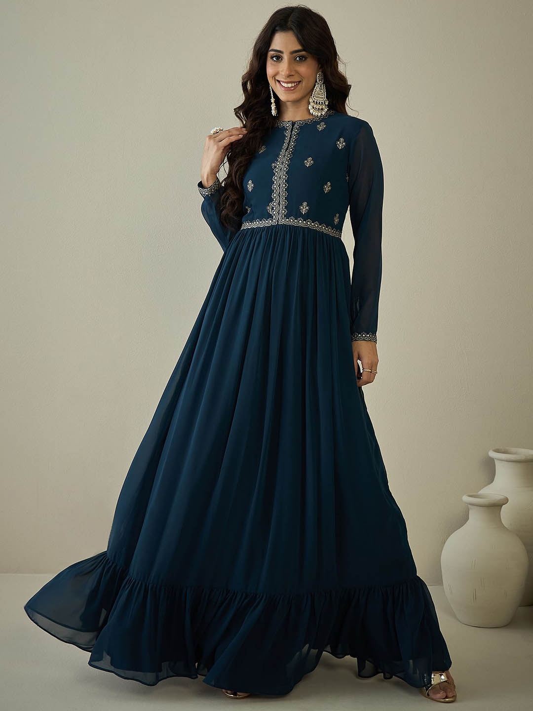 

Inddus Embroidered Sequined Maxi Ethnic Dress, Teal