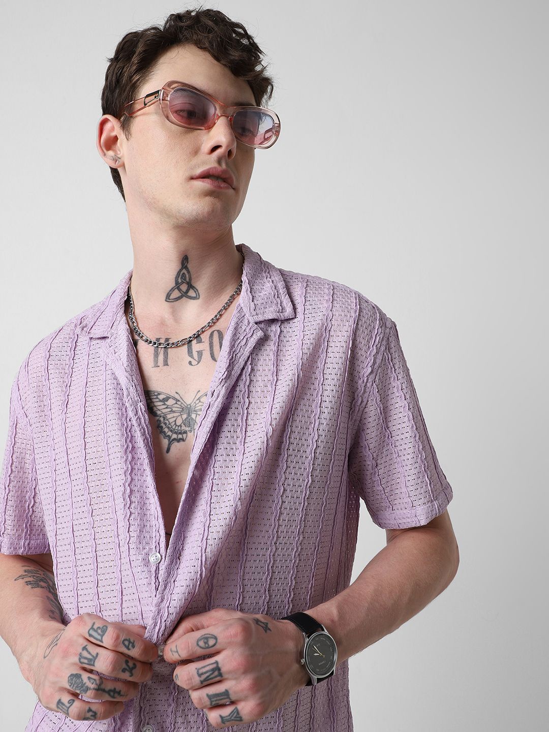 

VASTRADO Men Classic Cuban Collar Vertical Striped Casual Shirt, Lavender
