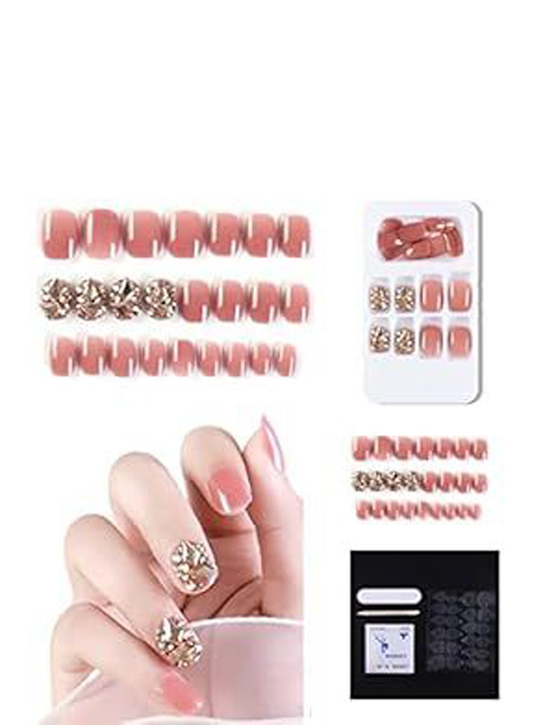 

Coslifestore 24-Pcs Acrylic Gel Artificial Press-On Nails - Peach with Gold Rhinestone