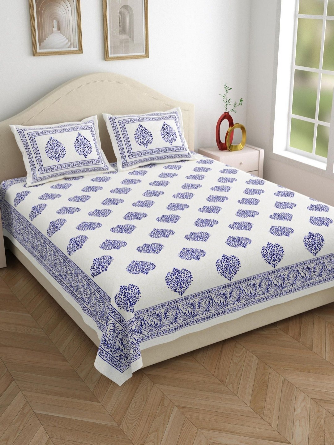 

Salona Bichona Blue & White Ethnic Motifs Cotton 120 TC Queen Bedsheet with 2 PillowCovers