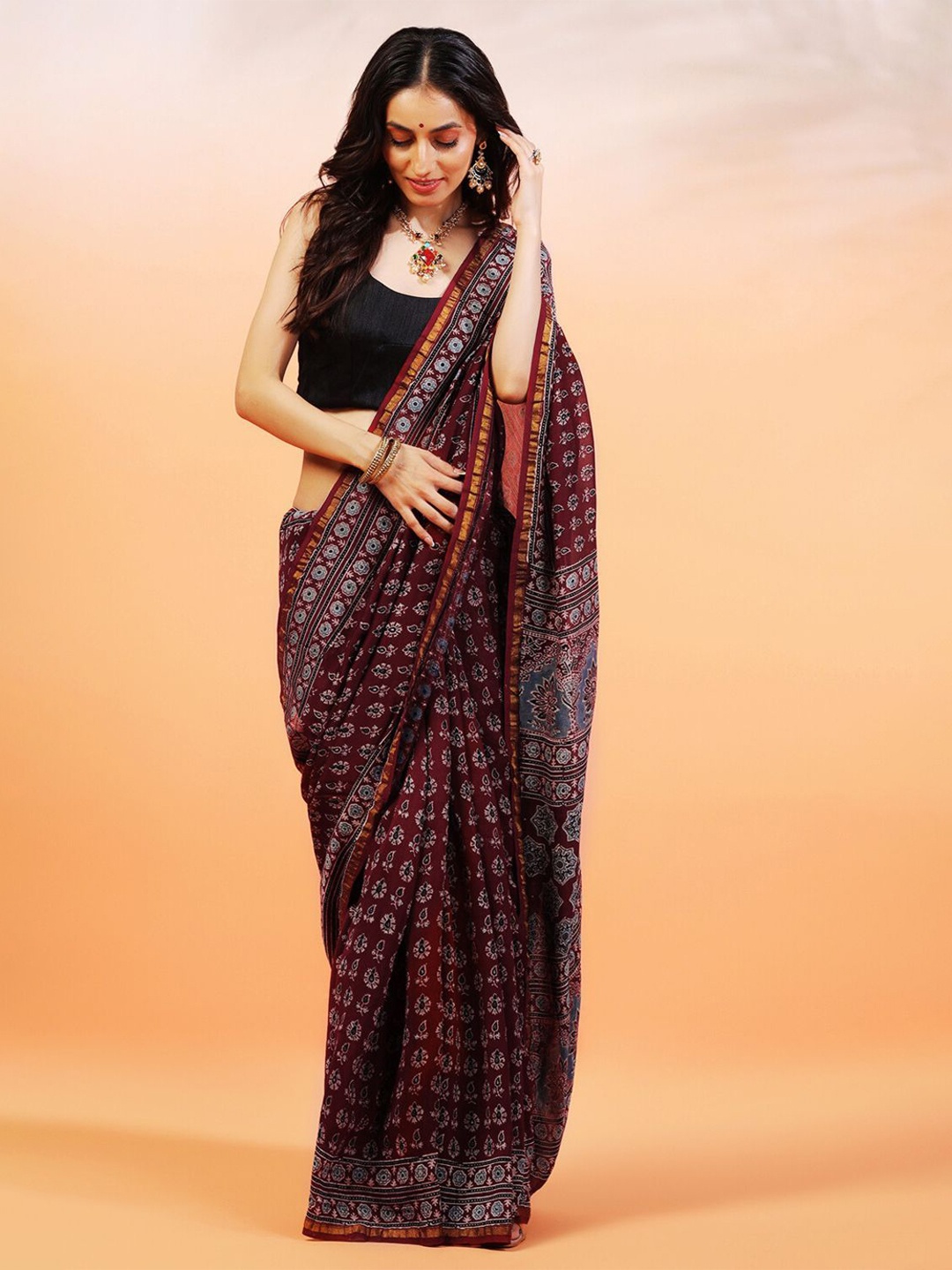

ADITRI Handloom Handblock Printed Ajrakh Modal Silk Saree, Brown