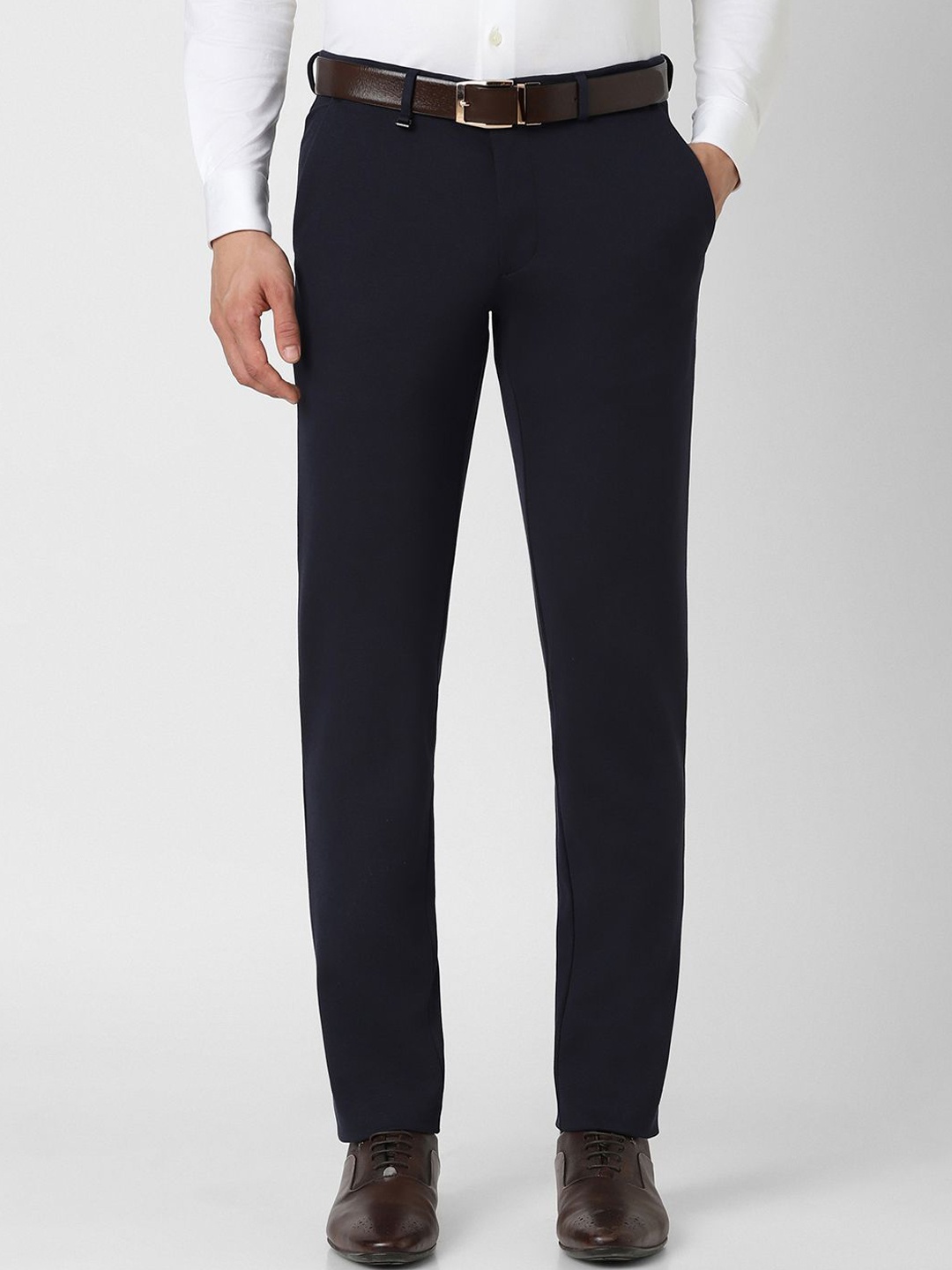 

Van Heusen Men Solid Printed Cotton Ultra Slim Fit Trousers, Navy blue