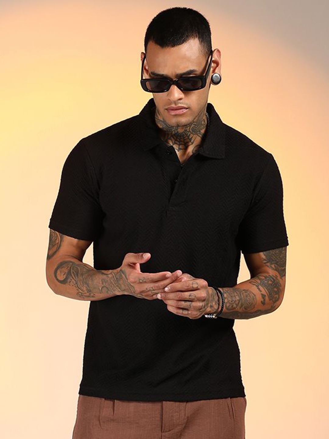

Campus Sutra Men Self Design Polo Collar Cotton T-shirt, Black
