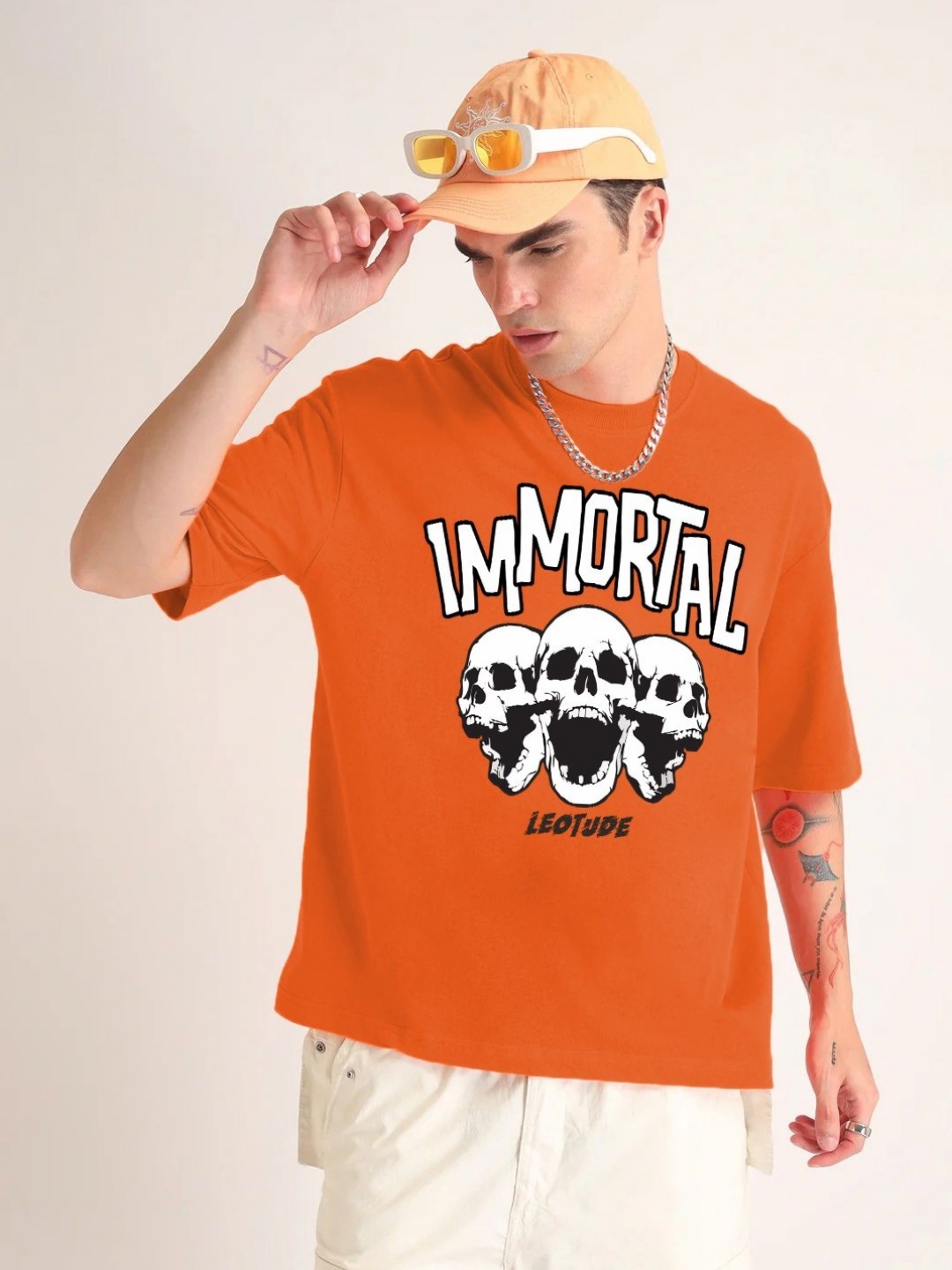 

Leotude Men Graphic Printed Round Neck Cotton Oversized T-shirt, Orange