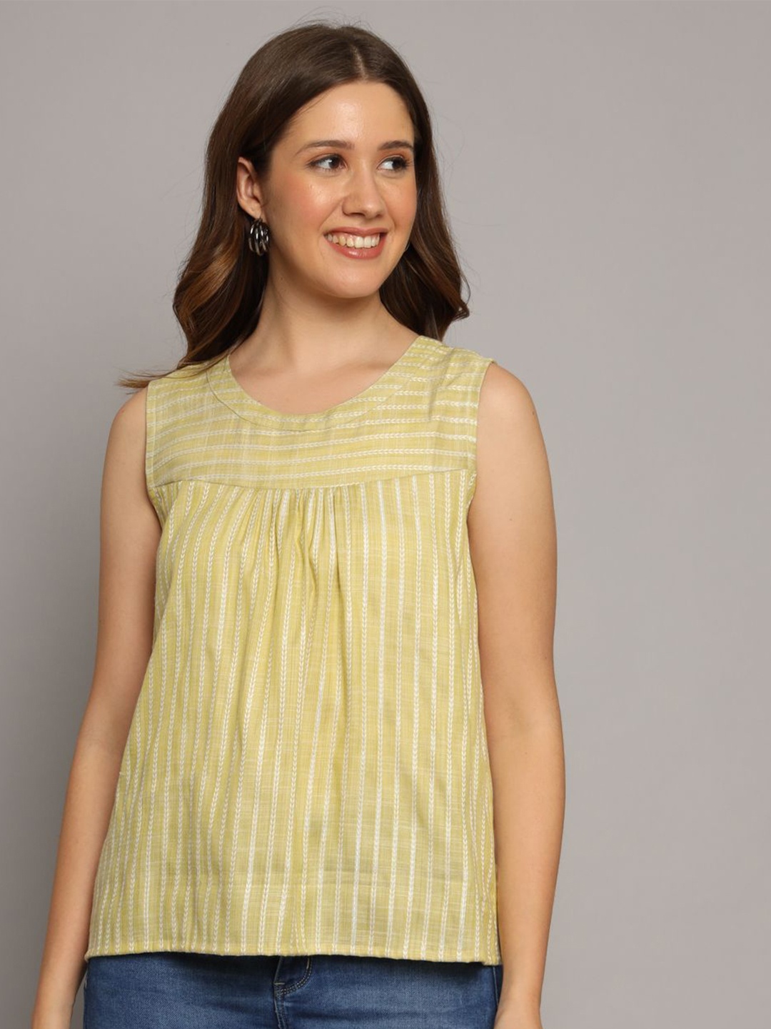 

KALINI Women Vertical Striped Round Neck Cotton Top, Yellow