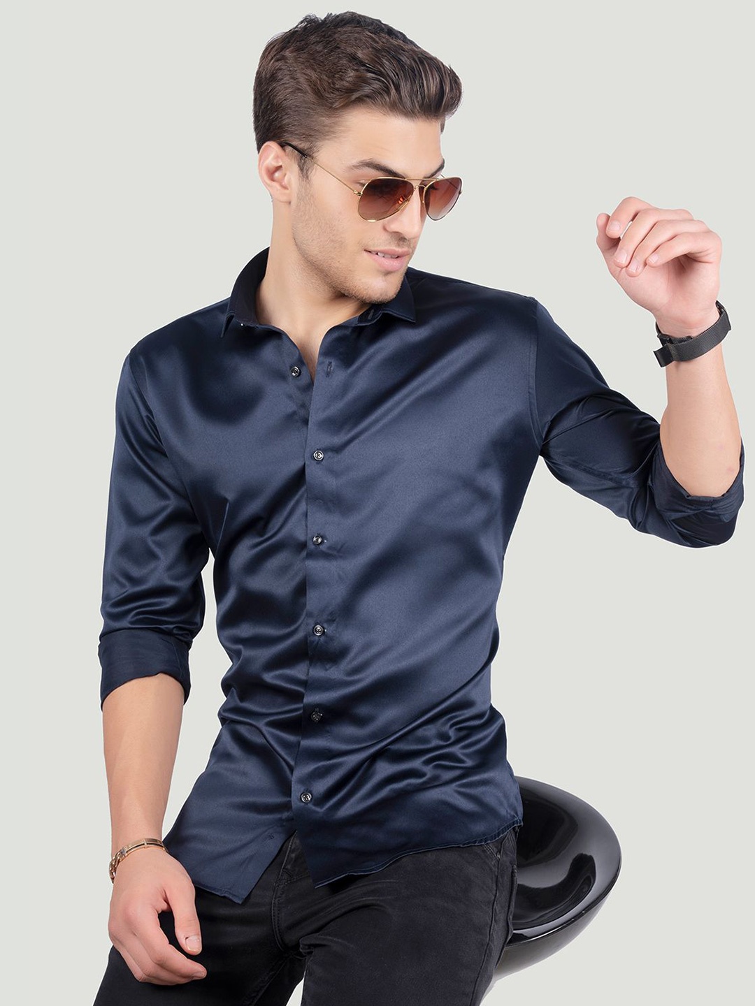 

ALMATY Men Comfort Spread Collar Solid Cotton Slim Fit Party Shirt, Navy blue