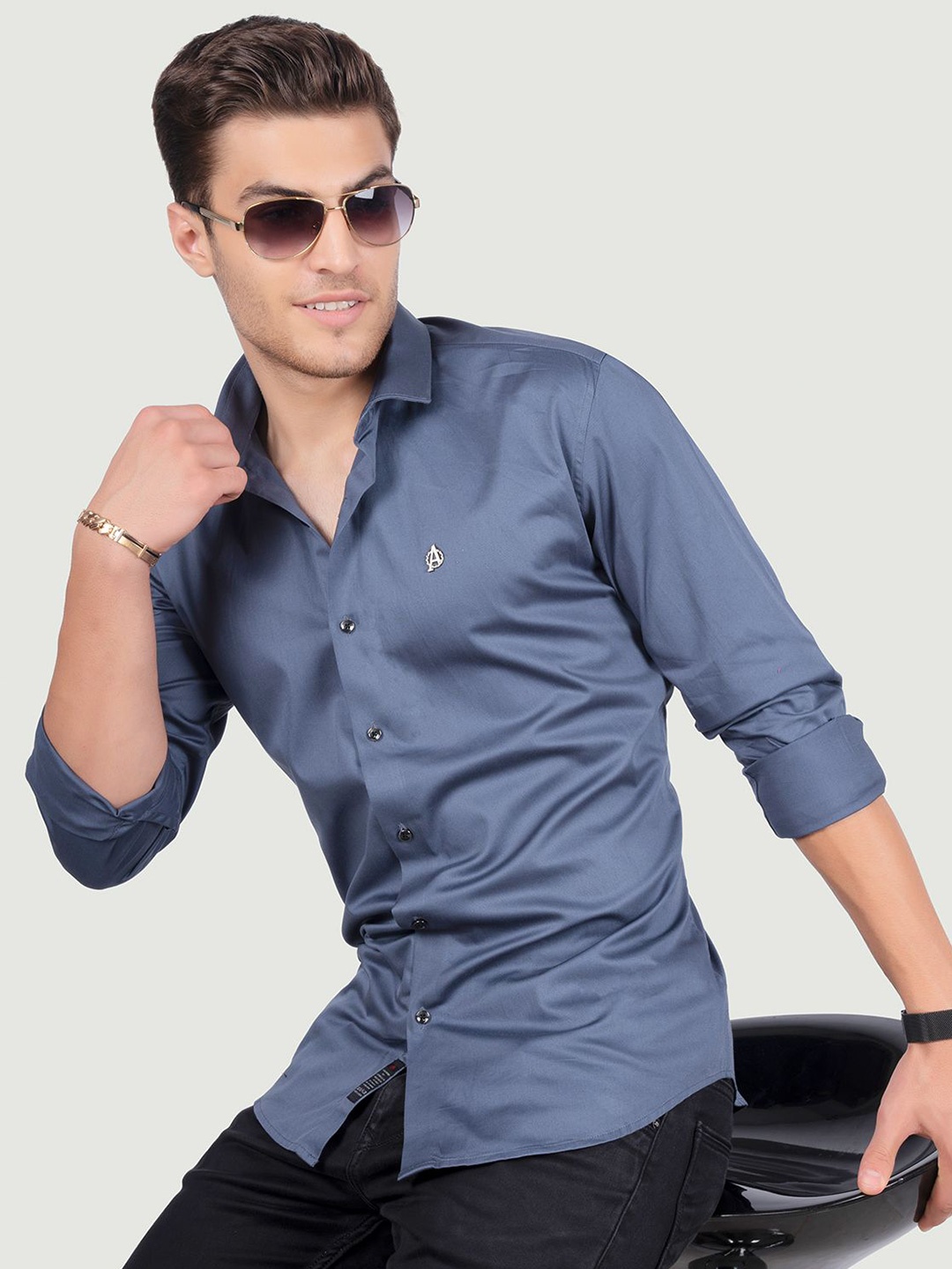 

ALMATY Men Comfort Spread Collar Solid Cotton Slim Fit Party Shirt, Grey