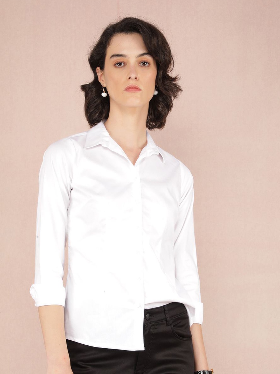 

Crimsoune Club Women Smart Spread Collar Solid Cotton Slim Fit Casual Shirt, White