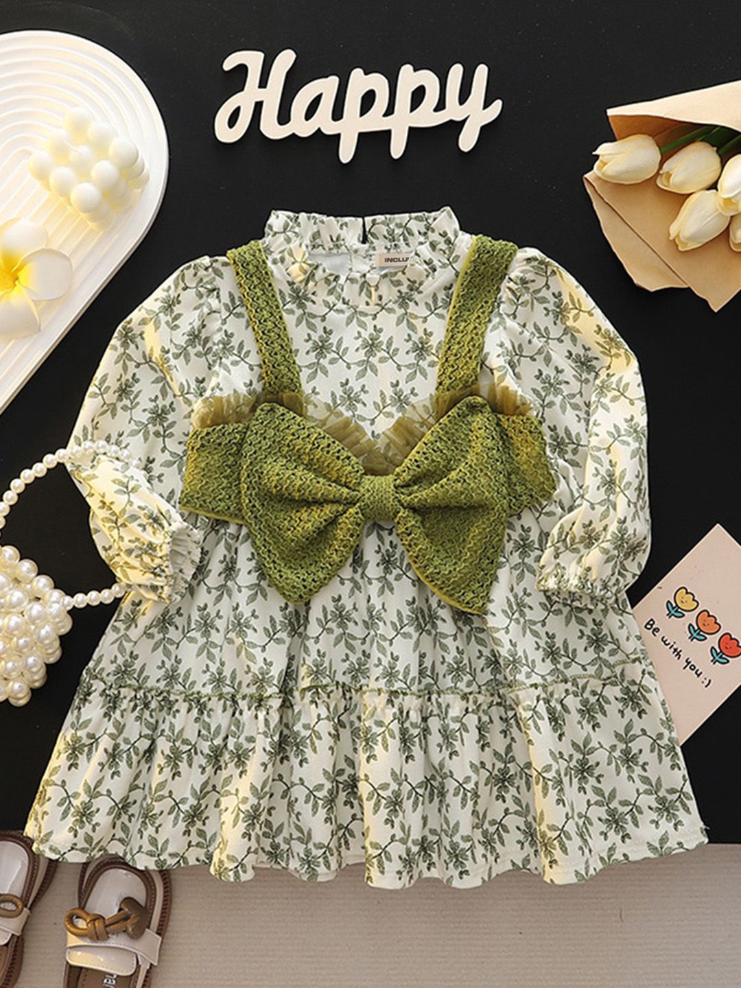 

INCLUD Girls Floral Printed Mock Neck Fit & Flare Dress, Green