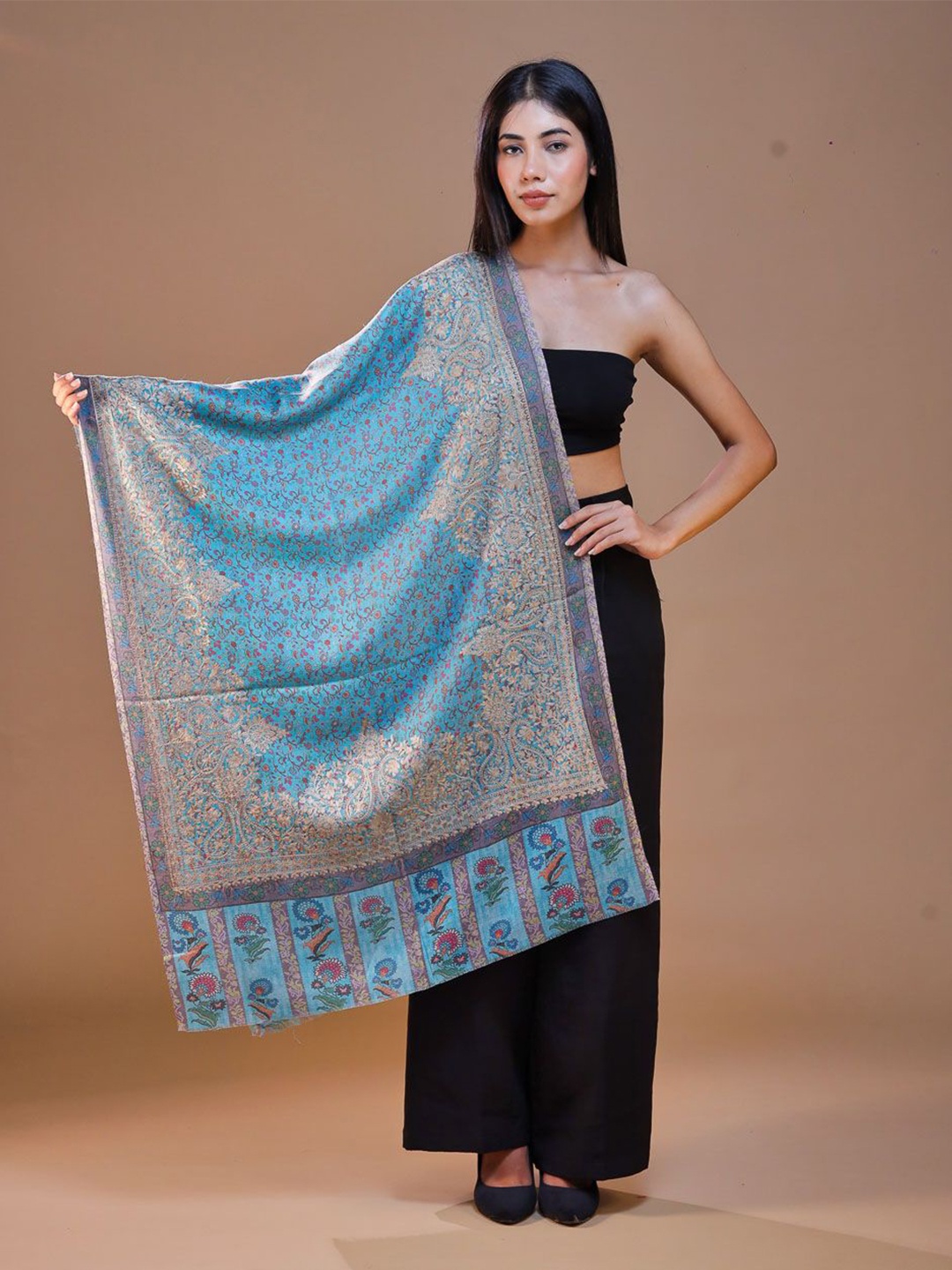 

SWI Stylish Women Ethnic Motifs Printed Embroidered Woolen Stole, Turquoise blue