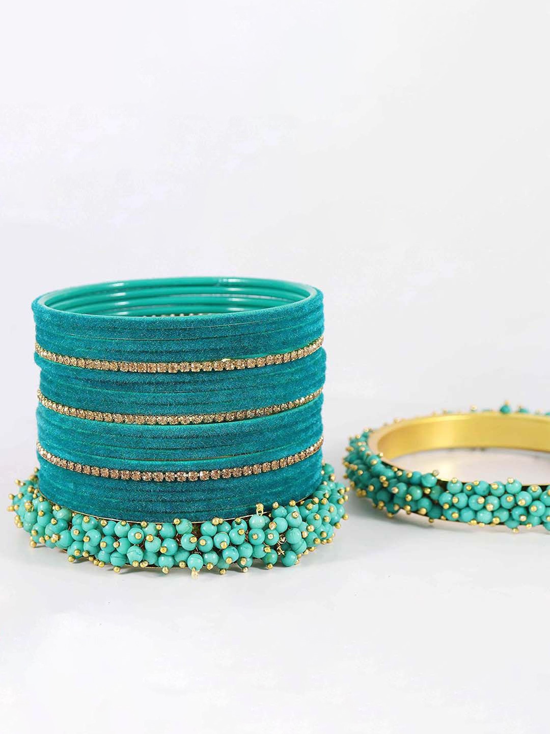 

ZULKA Set Of 42 Gold-Plated Zircon Gemstone and Pearls Velvet Bangles