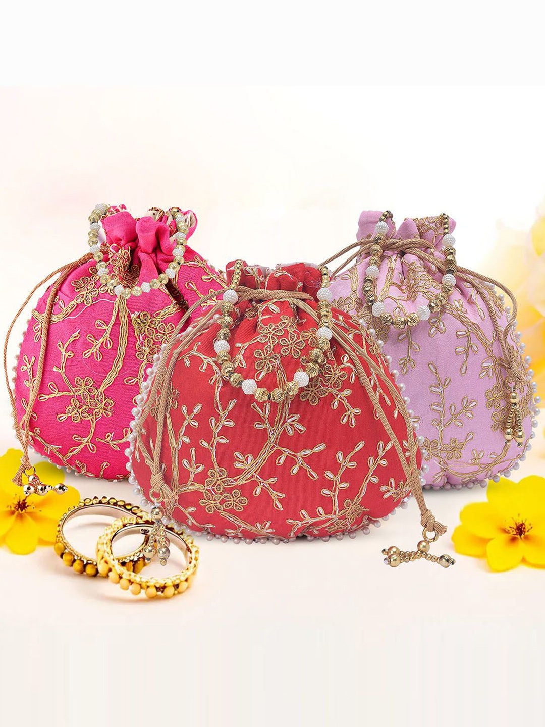 

Kuber Industries Set Of 3 Embroidered Potli Clutches, Pink