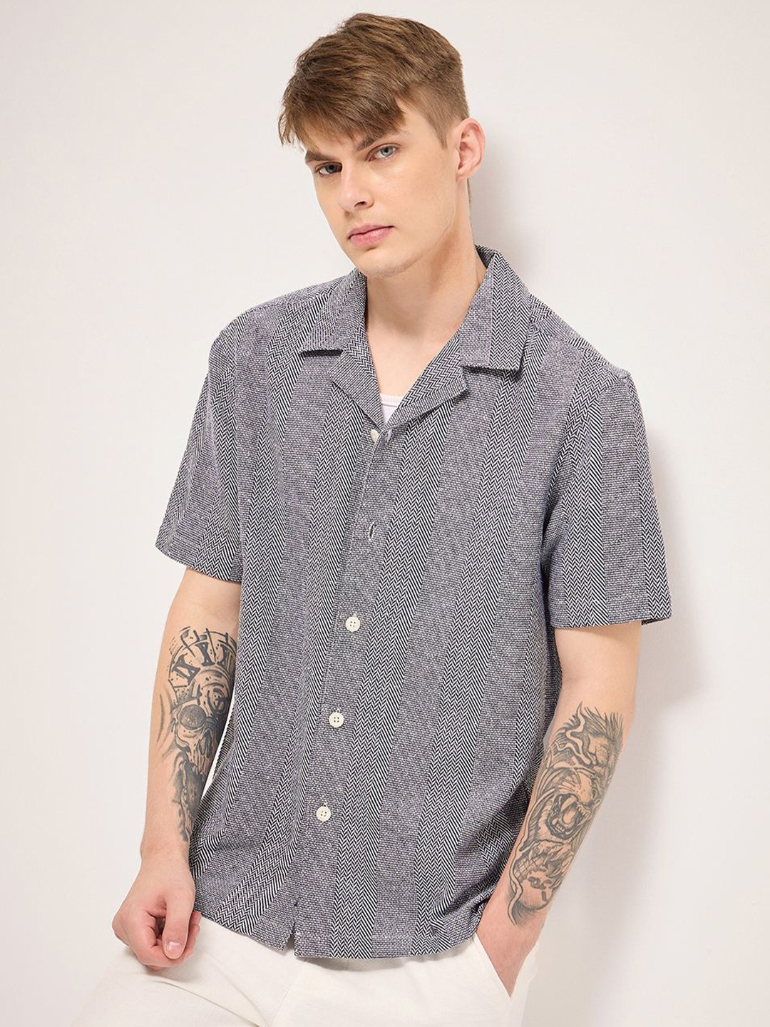 

THE BEAR HOUSE Men Cuban Collar Abstract Printed Cotton Casual Shirt, Blue