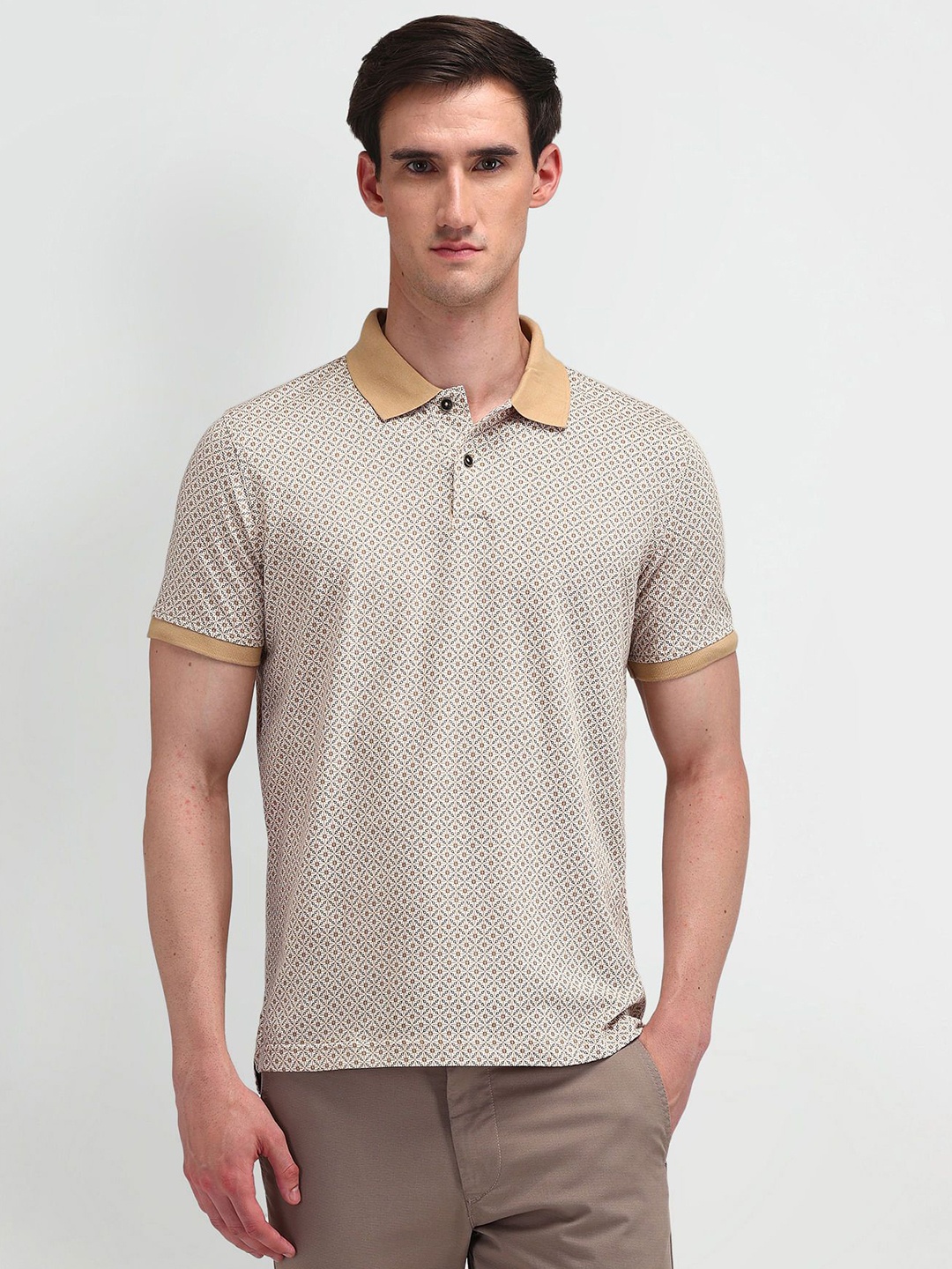 

Arrow Sport Men Geometric Printed Polo Collar Cotton T-shirt, Beige