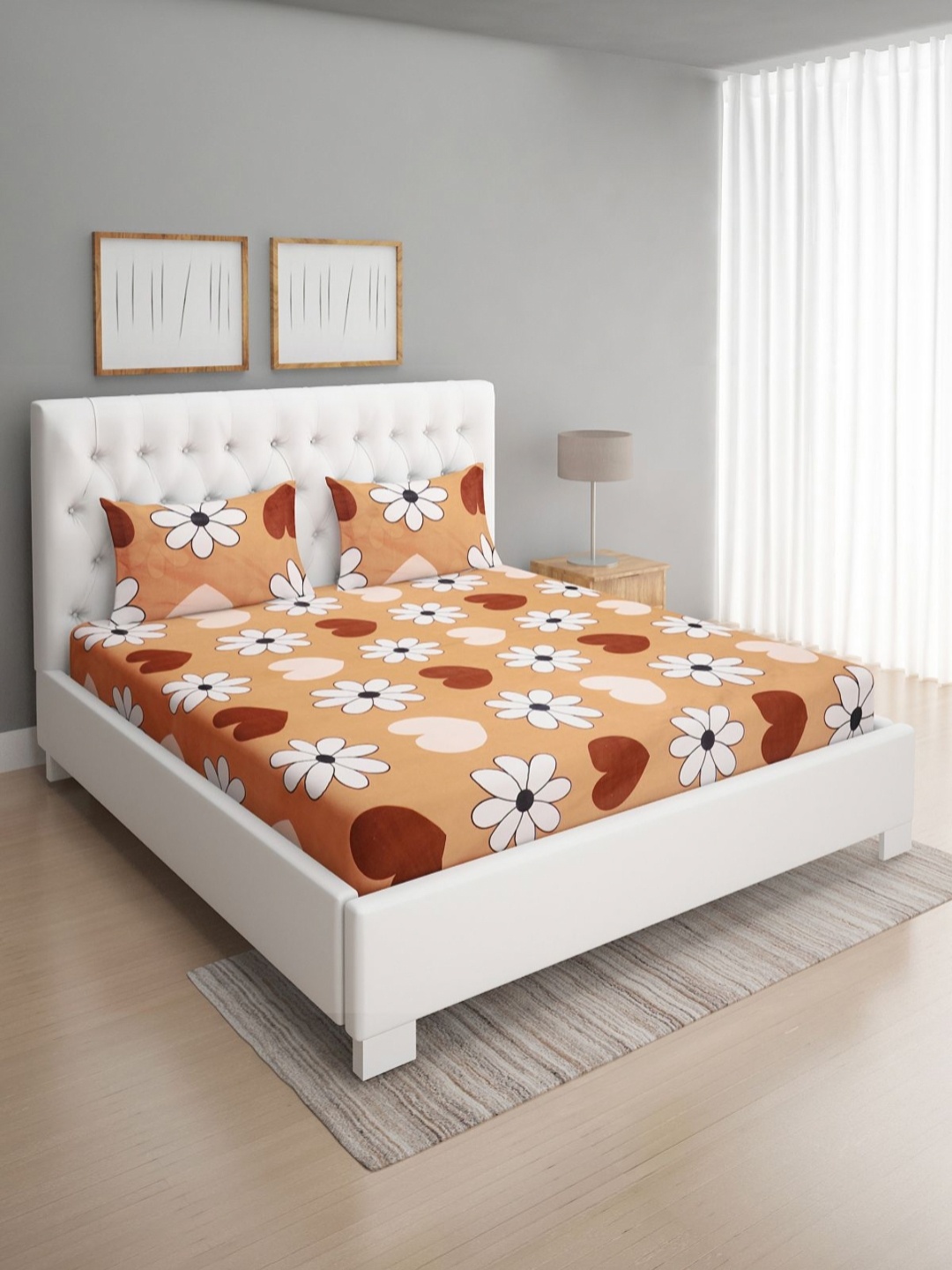 

ROMEE Brown Floral Printed 144 TC Microfiber Double Queen Bedsheet & 2 Pillow Covers