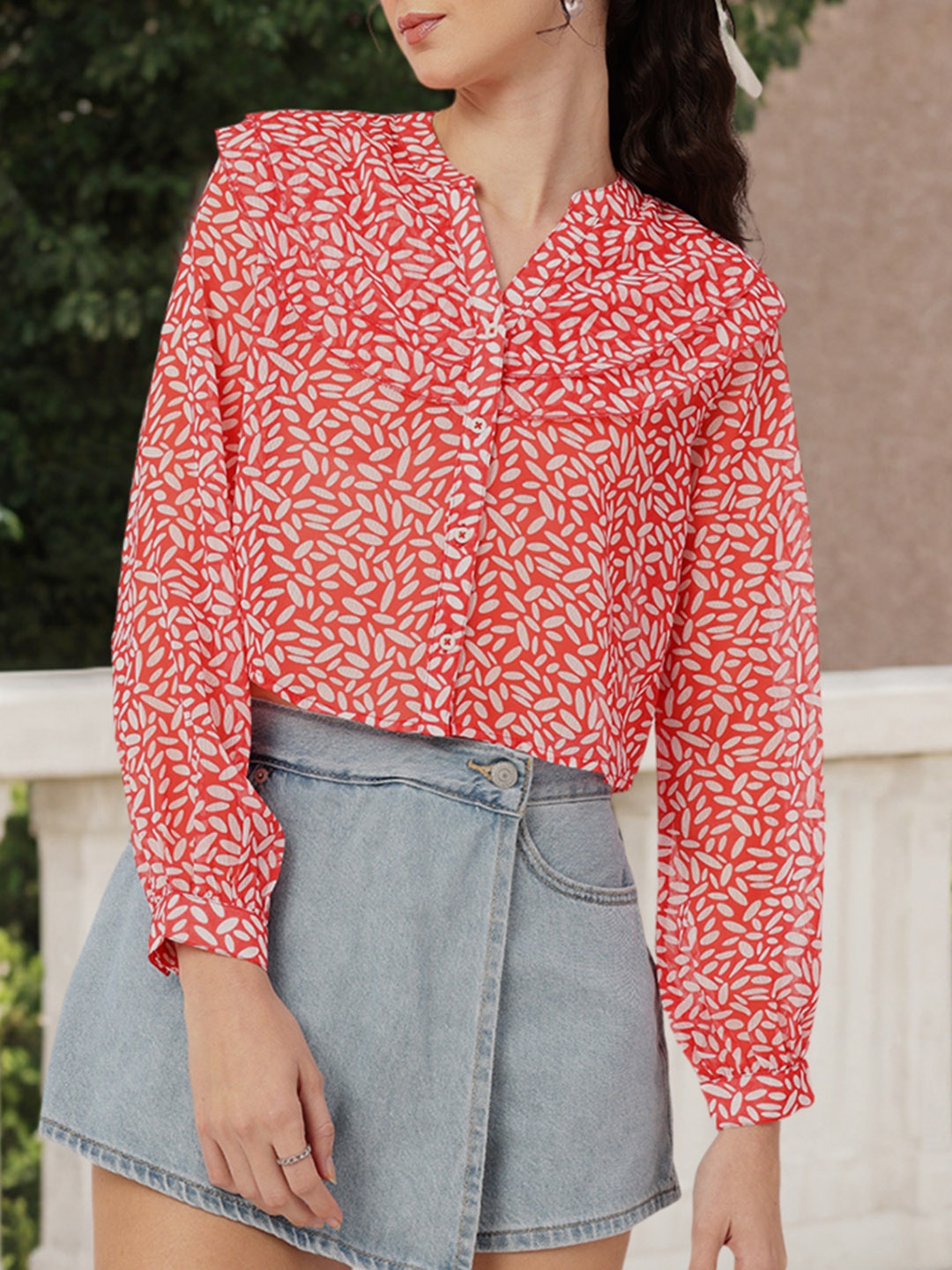 

DressBerry Playful Holiday Geometric Printed Layered Detail Crop Shirt, Red