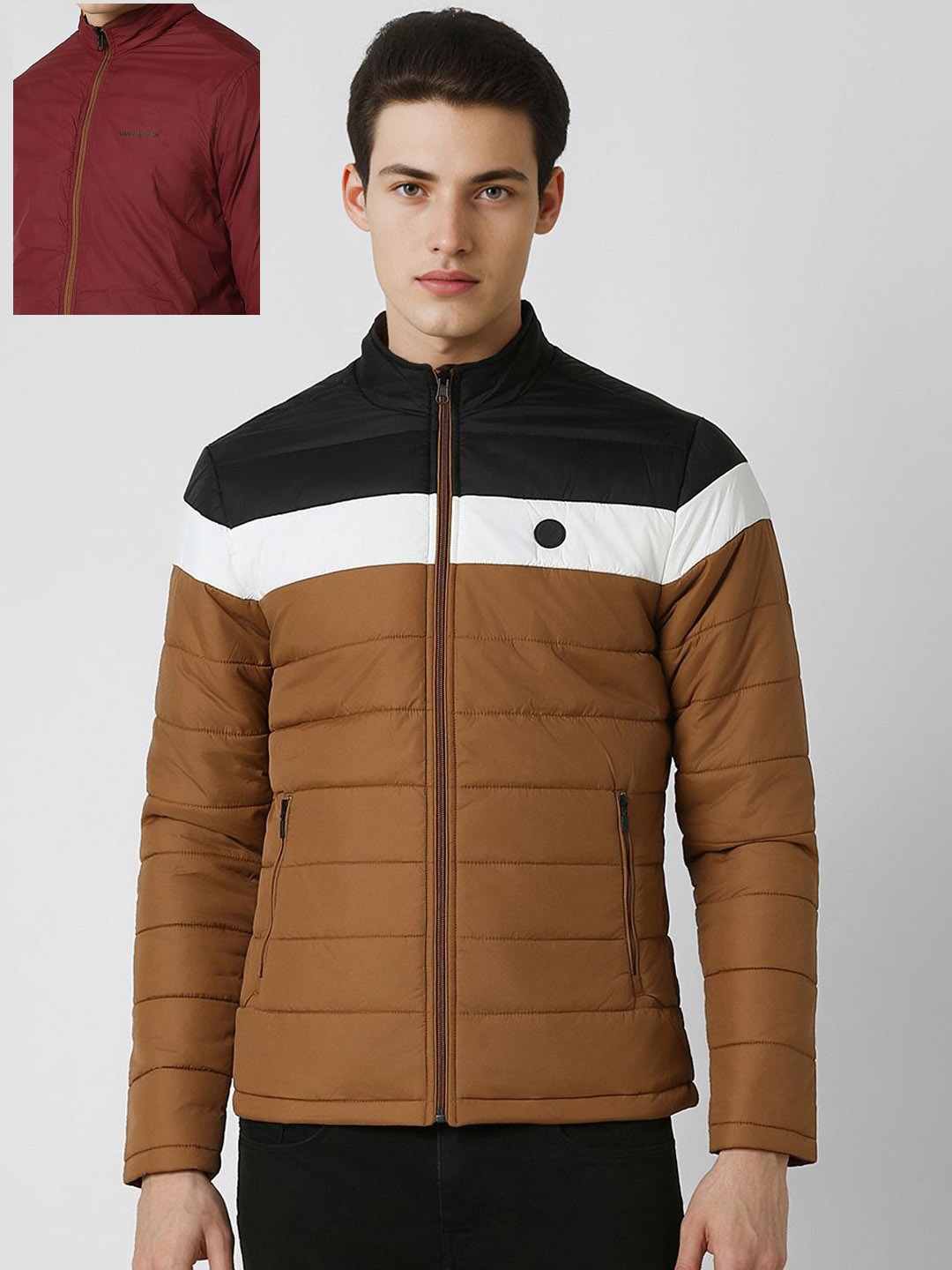 

Van Heusen Sport Men Colourblocked Reversible Mock Collar Puffer Jacket, Brown