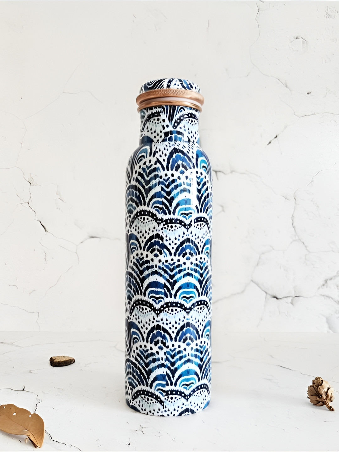 

BLANK SLATE HOME Ikat Arican Blue & White Printed Copper Water Bottle 950ml