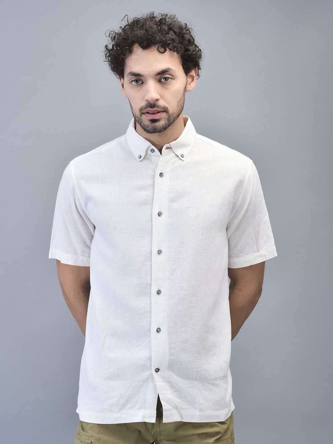 

Woodland Men Button-Down Collar Solid Linen Casual Shirt, White