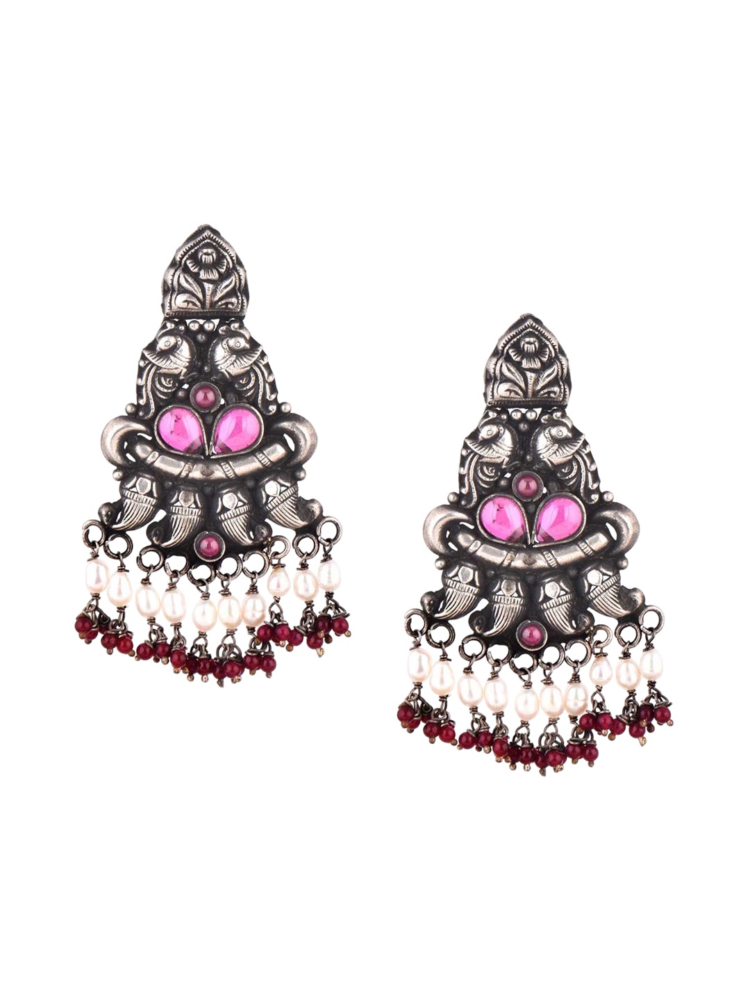 

Indianshelf 92.5 Sterling Silver Stones Studded & Beaded Oxidised Drop Earrings