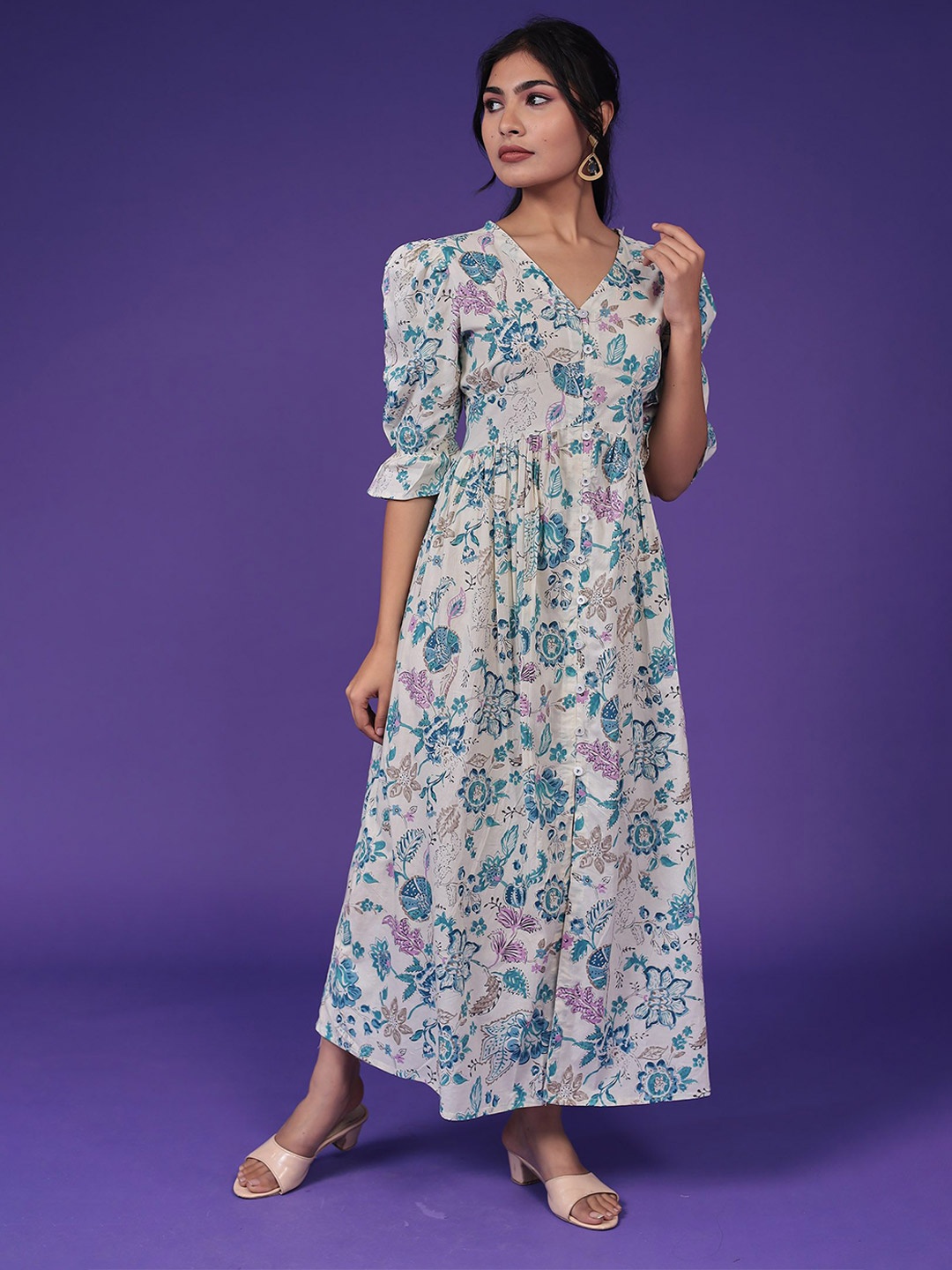 

ZARI Women Floral Print Bell Sleeve Maxi Dress, Cream