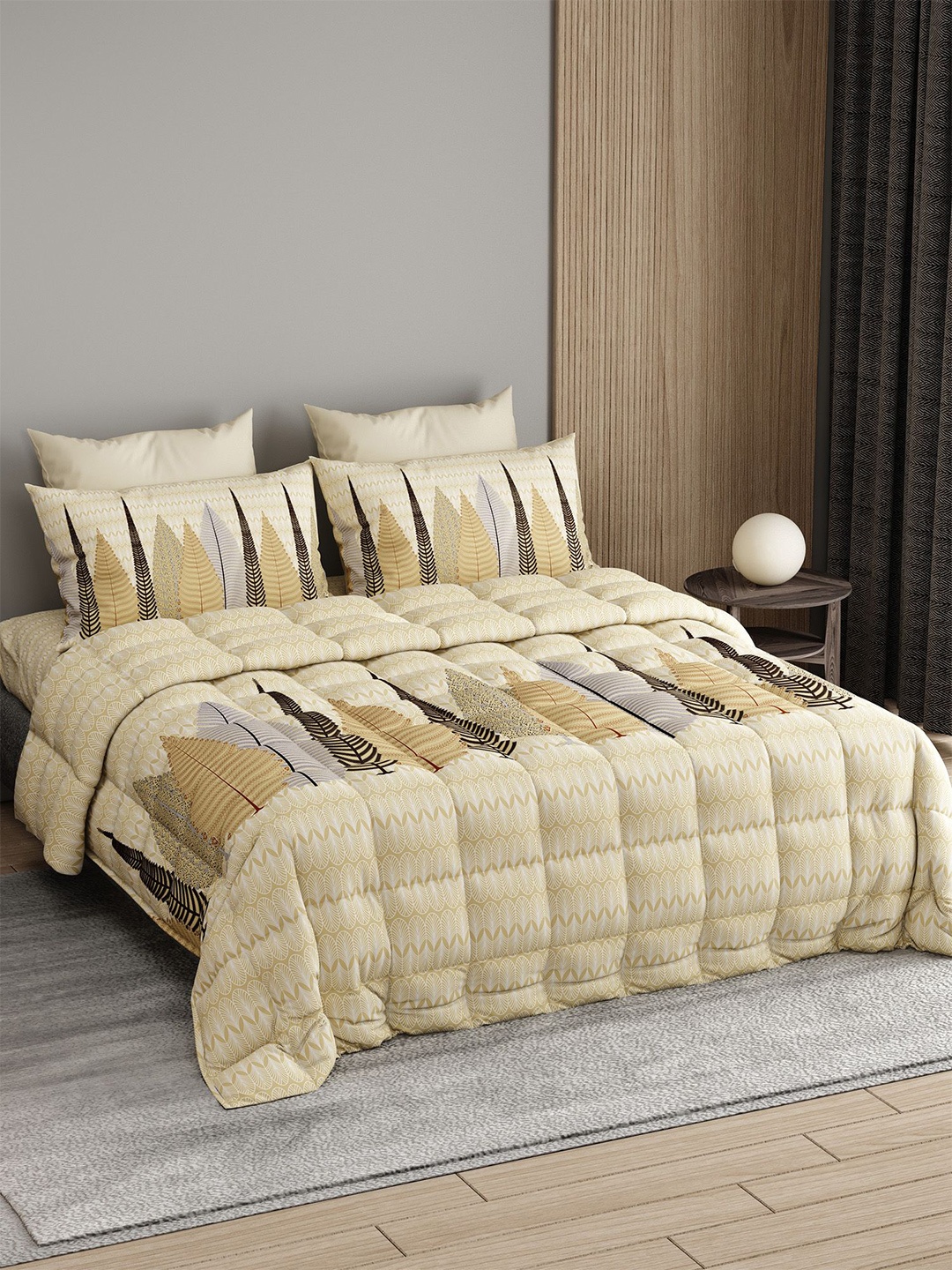 

LABHAM Cream-Coloured & White Printed Pure Cotton Double King Regular Bedding Set