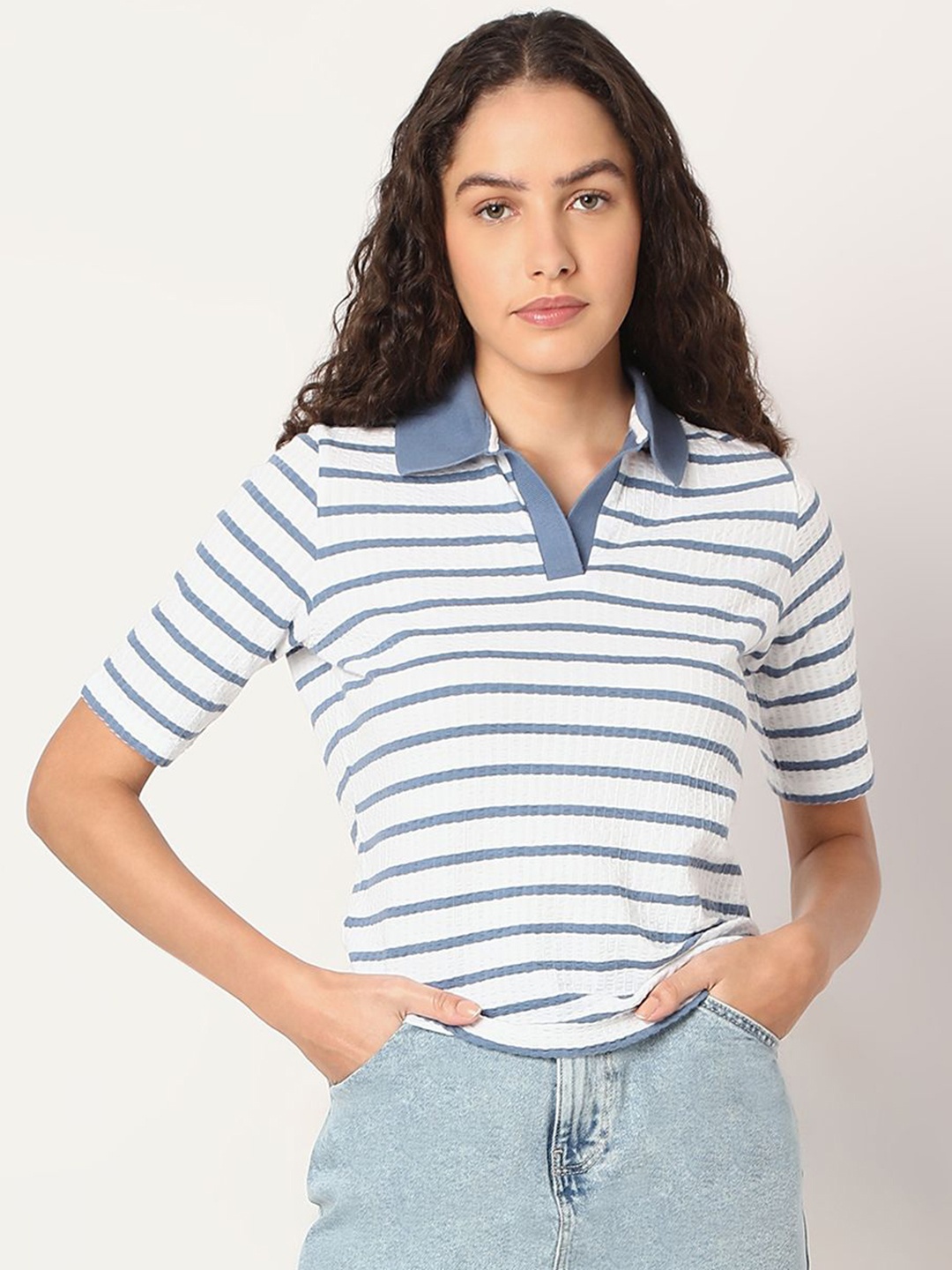 

Vero Moda Women Striped Polo Collar Cotton T-shirt, Blue