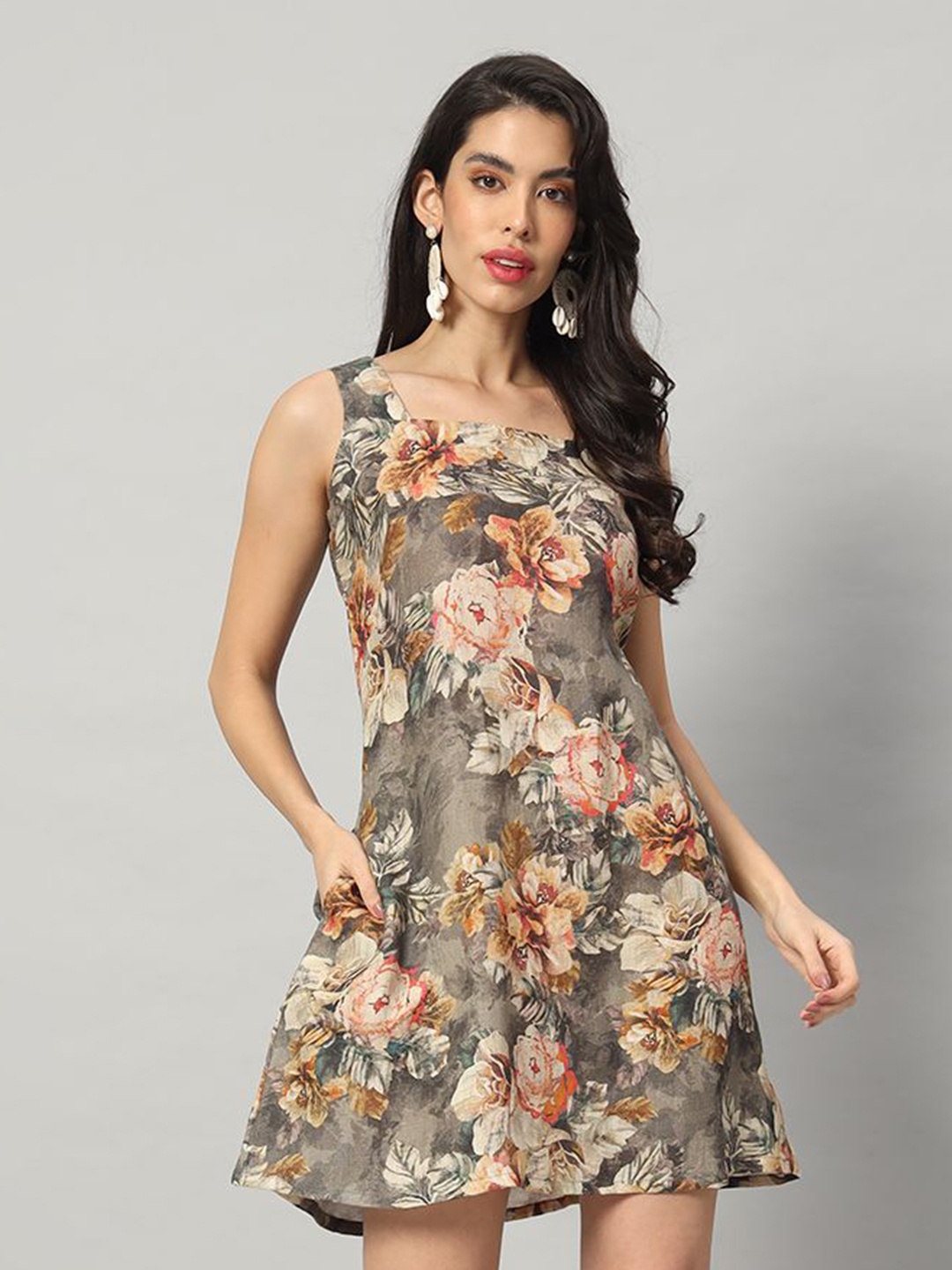 

BRIJAL LAD Linen Sheath Mini Floral Dress, Grey