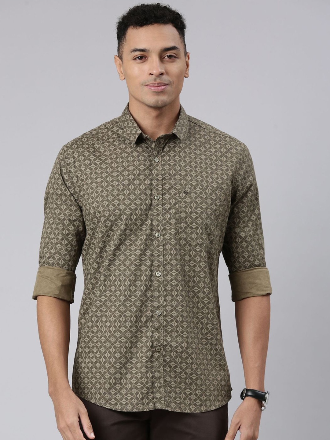 

Classic Polo Men India Spread Collar Printed Cotton Slim Fit Casual Shirt, Olive