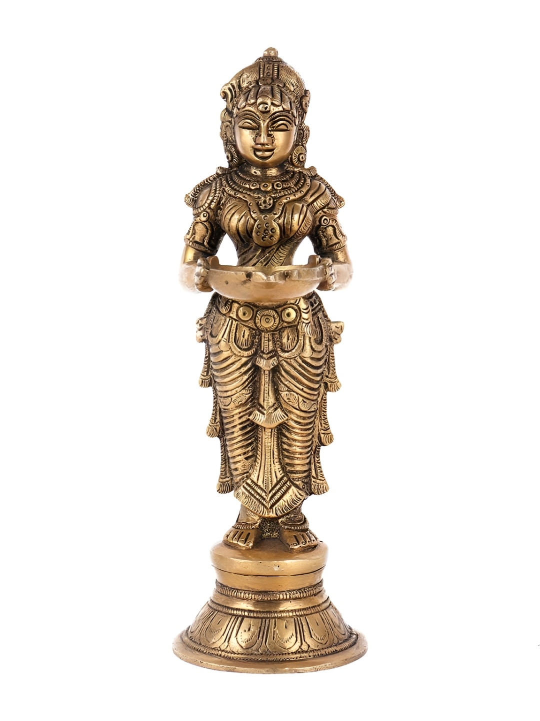 

Indianshelf Gold-Toned Textured Brass Laxmi Statue Holding Deepak Diya