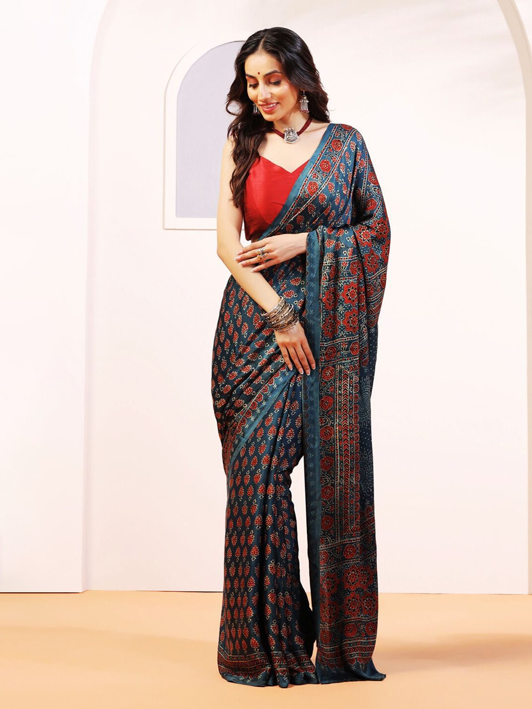 

ADITRI Handloom Handblock Printed Ajrakh Modal Silk Saree, Blue