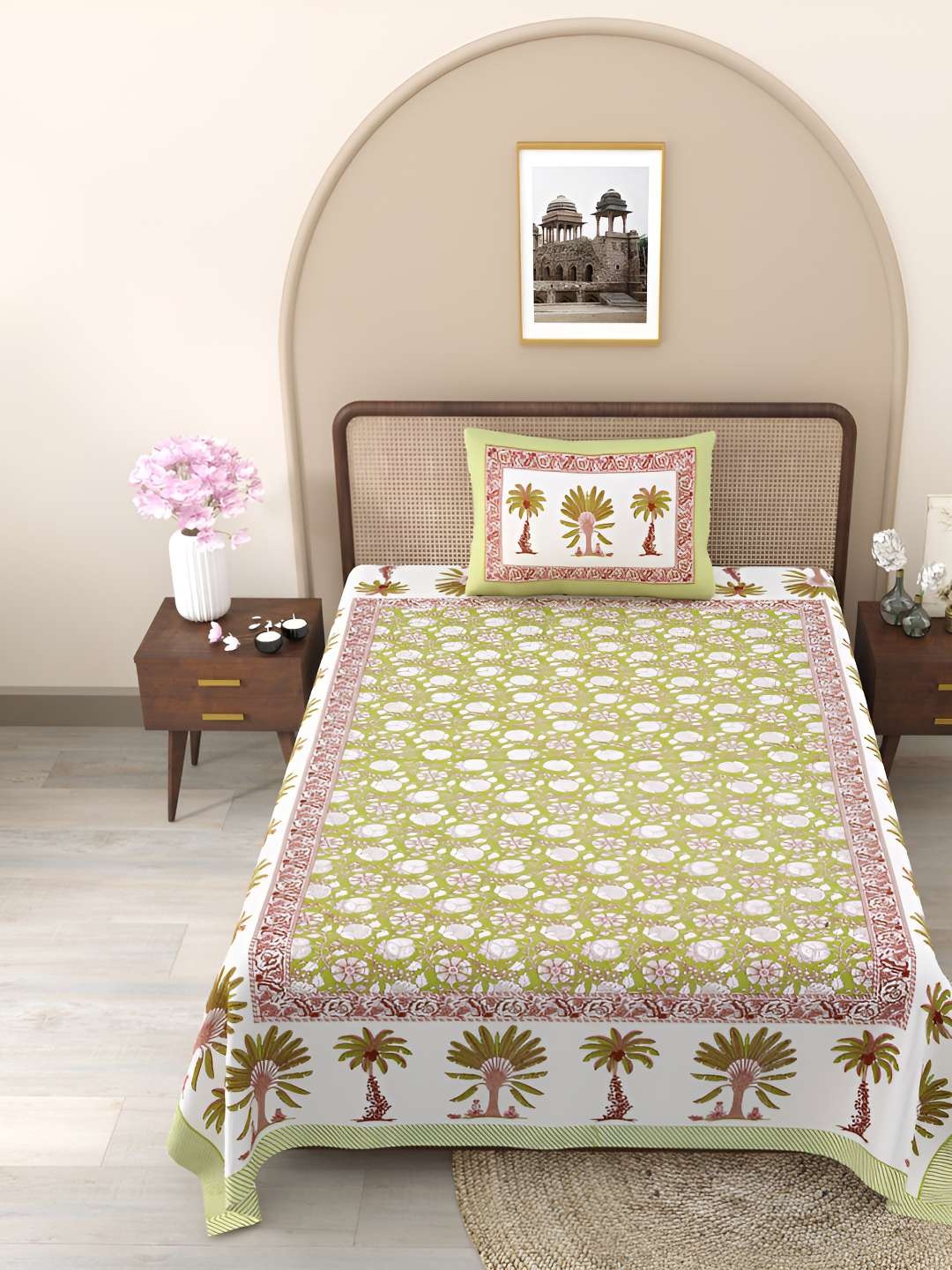 

Jinaya's Green & White Floral Printed Pure Cotton 210 TC Single Bedsheet & 1 Pillow Cover