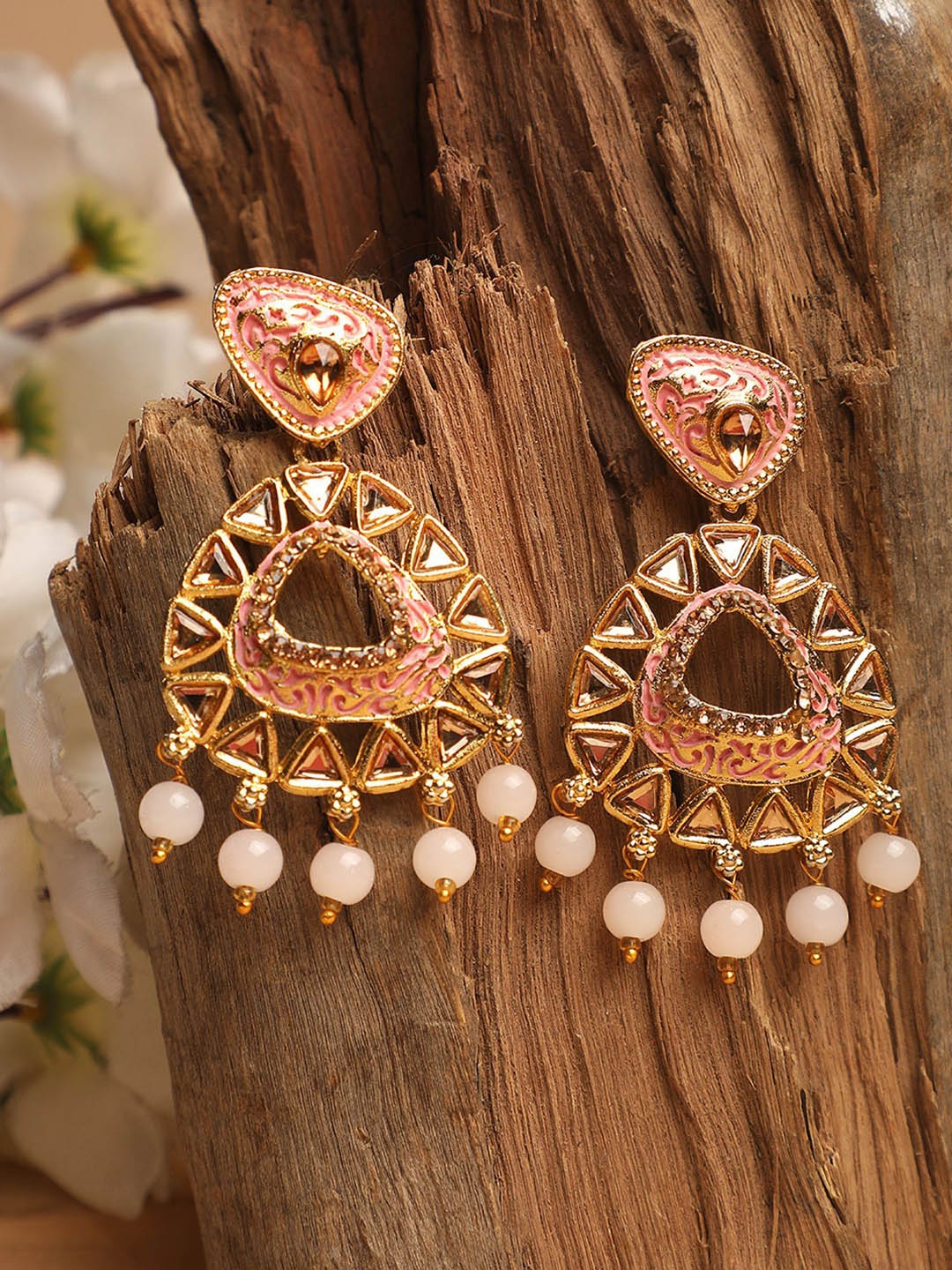 

ANIKAS CREATION Gold-Plated Cubic Zirconia Studded Contemporary Drop Earrings, Pink