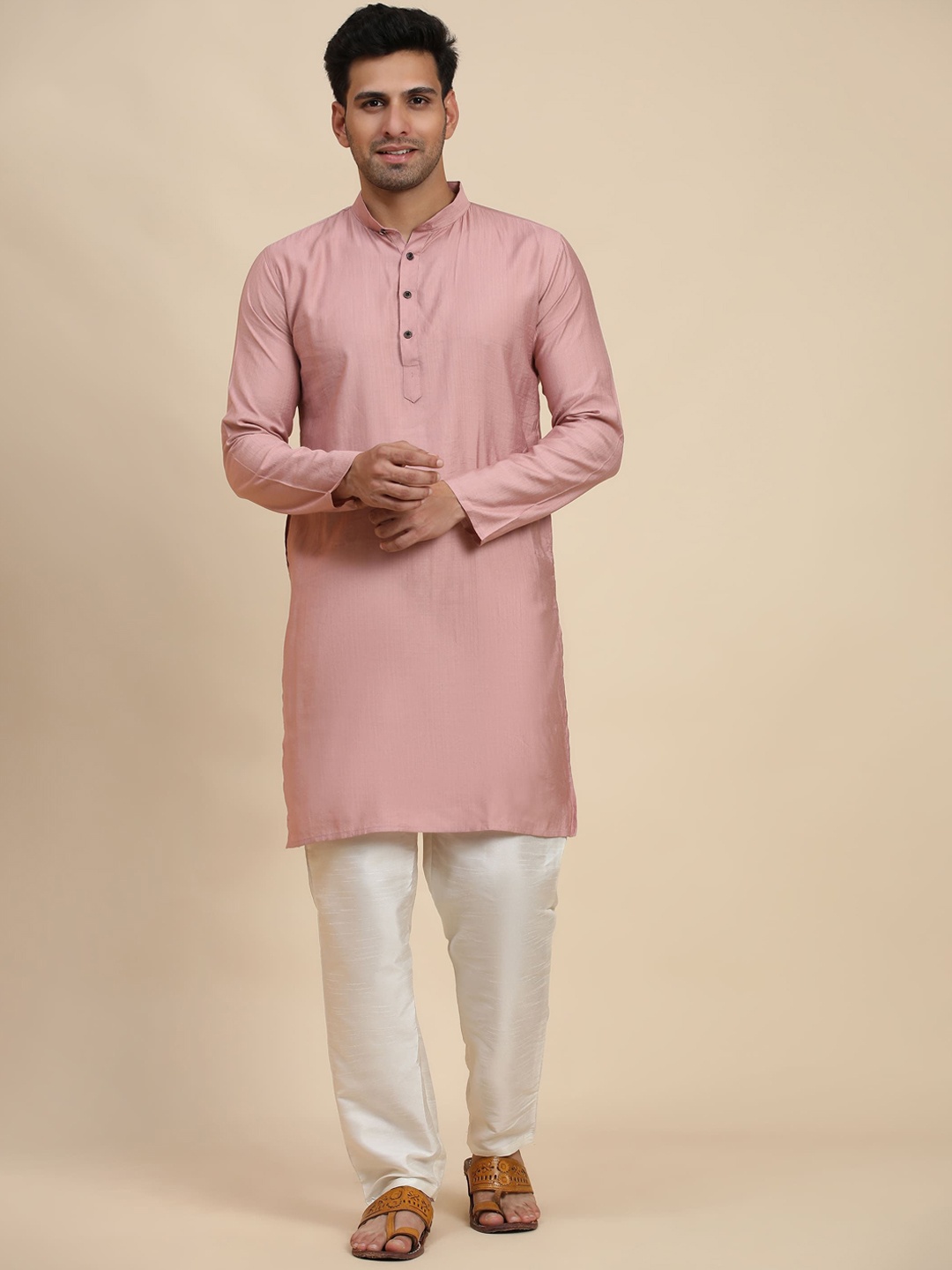 

Rawayi Woven Design Mandarin Collar Straight Kurta, Pink