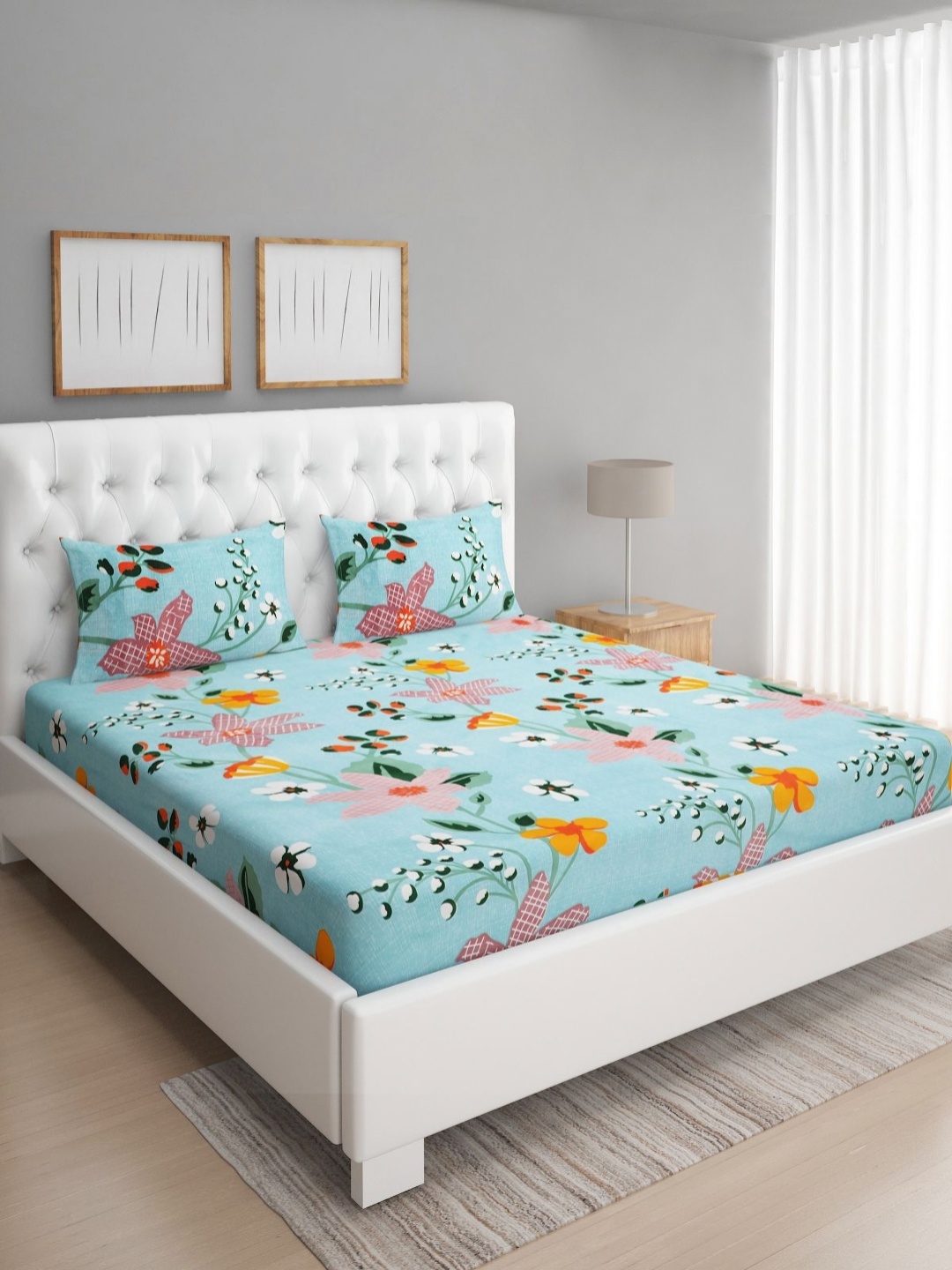 

ROMEE Blue & Pink Floral Printed 144 TC Microfiber Double Queen Bedsheet & 2 Pillow Covers