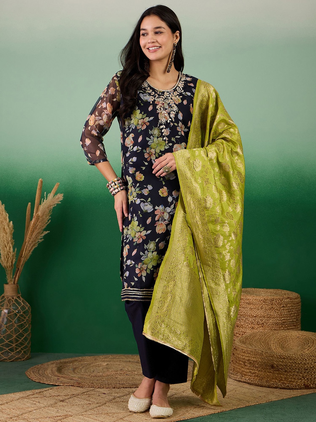 

Maroosh Women Floral Printed Embellished Kurta with Trousers & Dupatta, Navy blue