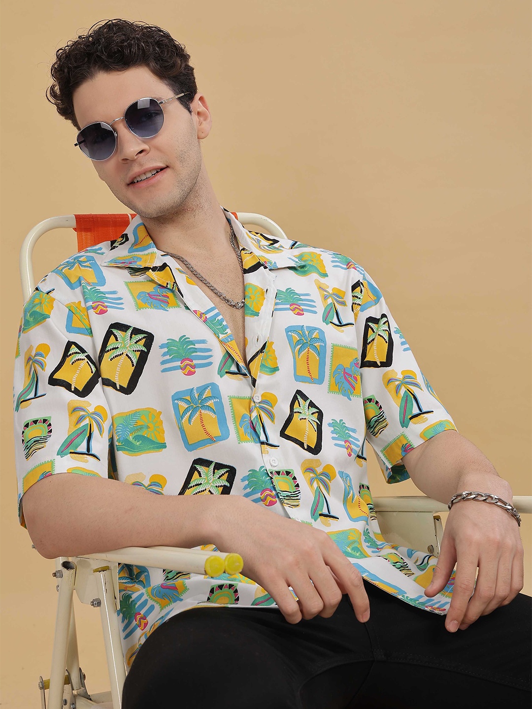 

HERE&NOW Men Cuban Collar Conversational Printed Cotton Relaxed Fit Casual Shirt, White