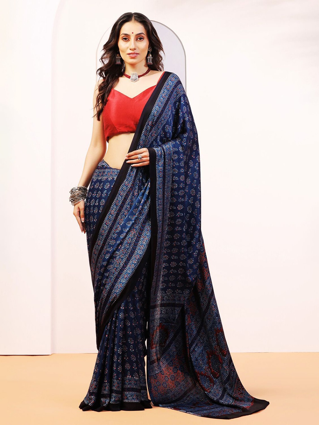 

ADITRI Handloom Handblock Printed Ajrakh Modal Silk Saree, Blue