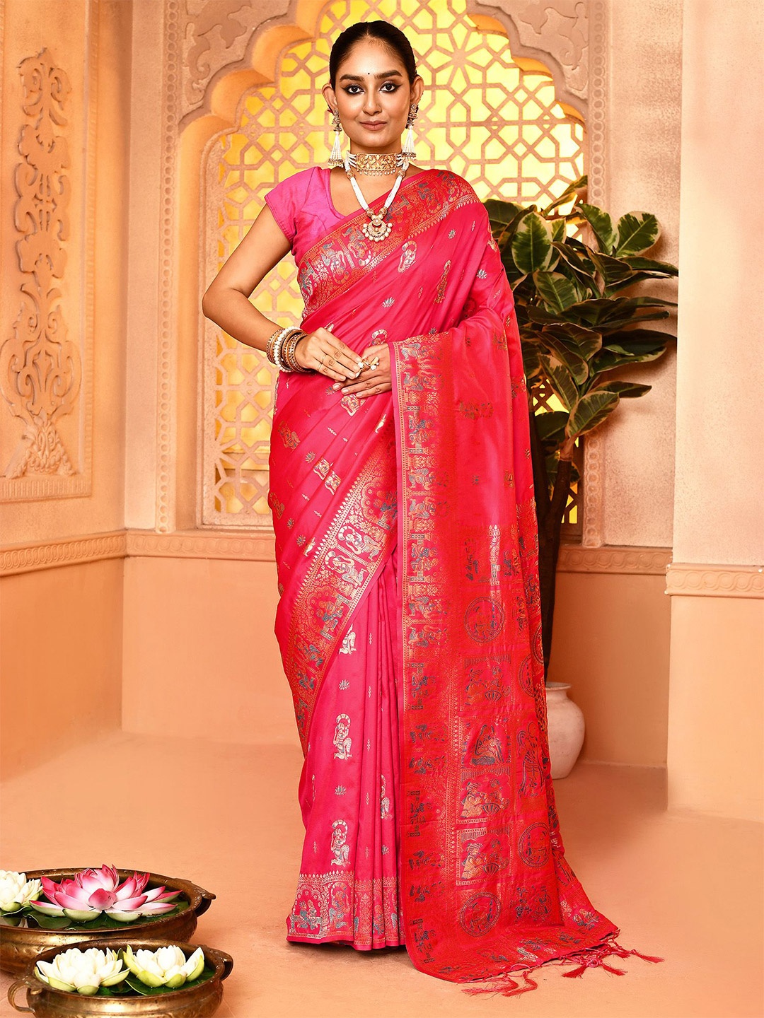 

elora Kalamkari Woven Design Zari Baluchari Saree, Pink