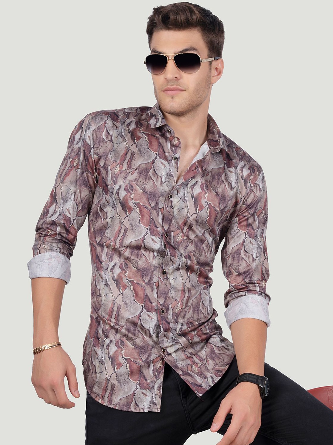 

ALMATY Men Comfort Spread Collar Abstract Printed Cotton Slim Fit Party Shirt, Brown