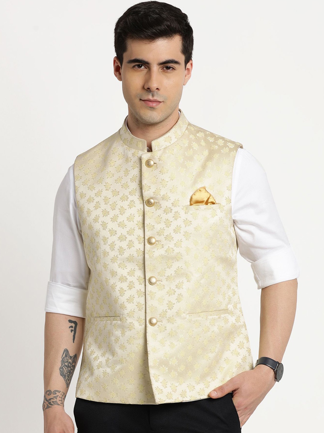 

Turtle Printed Nehru Jacket, Beige