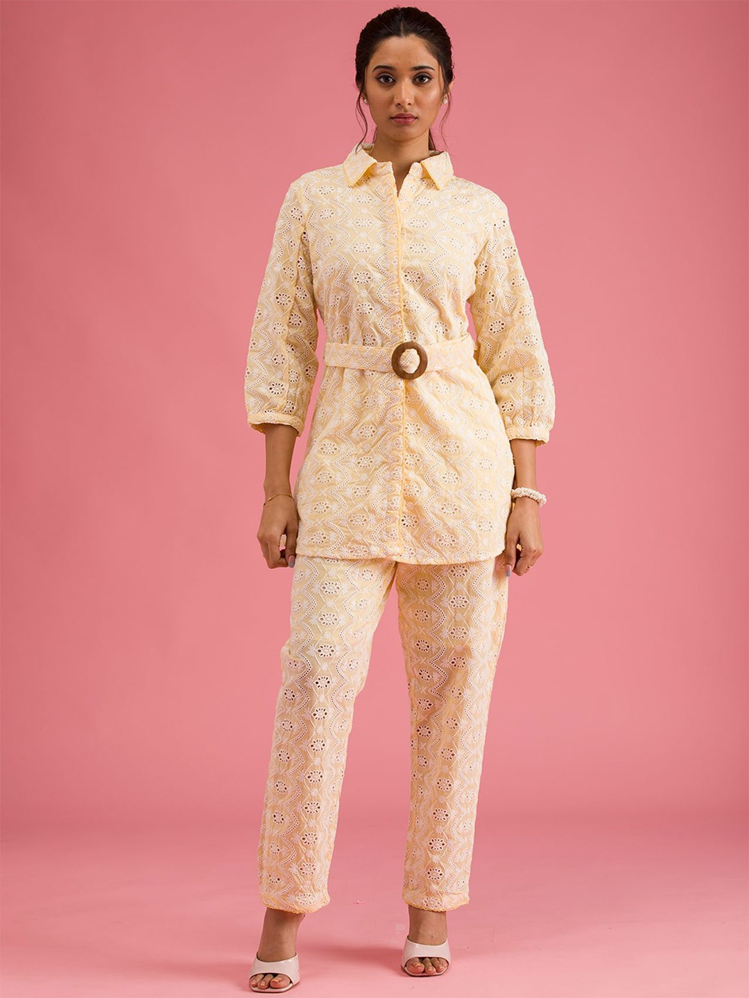 

Koskii Embroidered Pure Cotton Shirt With Trousers, Yellow