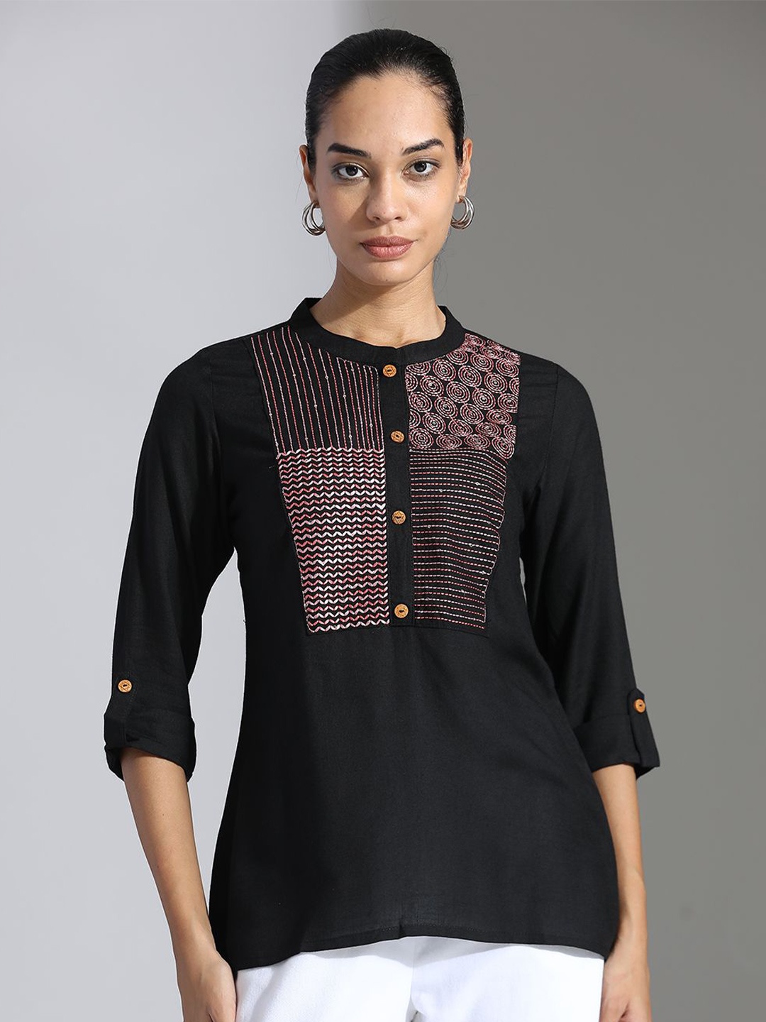 

Jaipur Kurti Women Ethnic Motifs Embroidered Mandarin Collar Top, Black