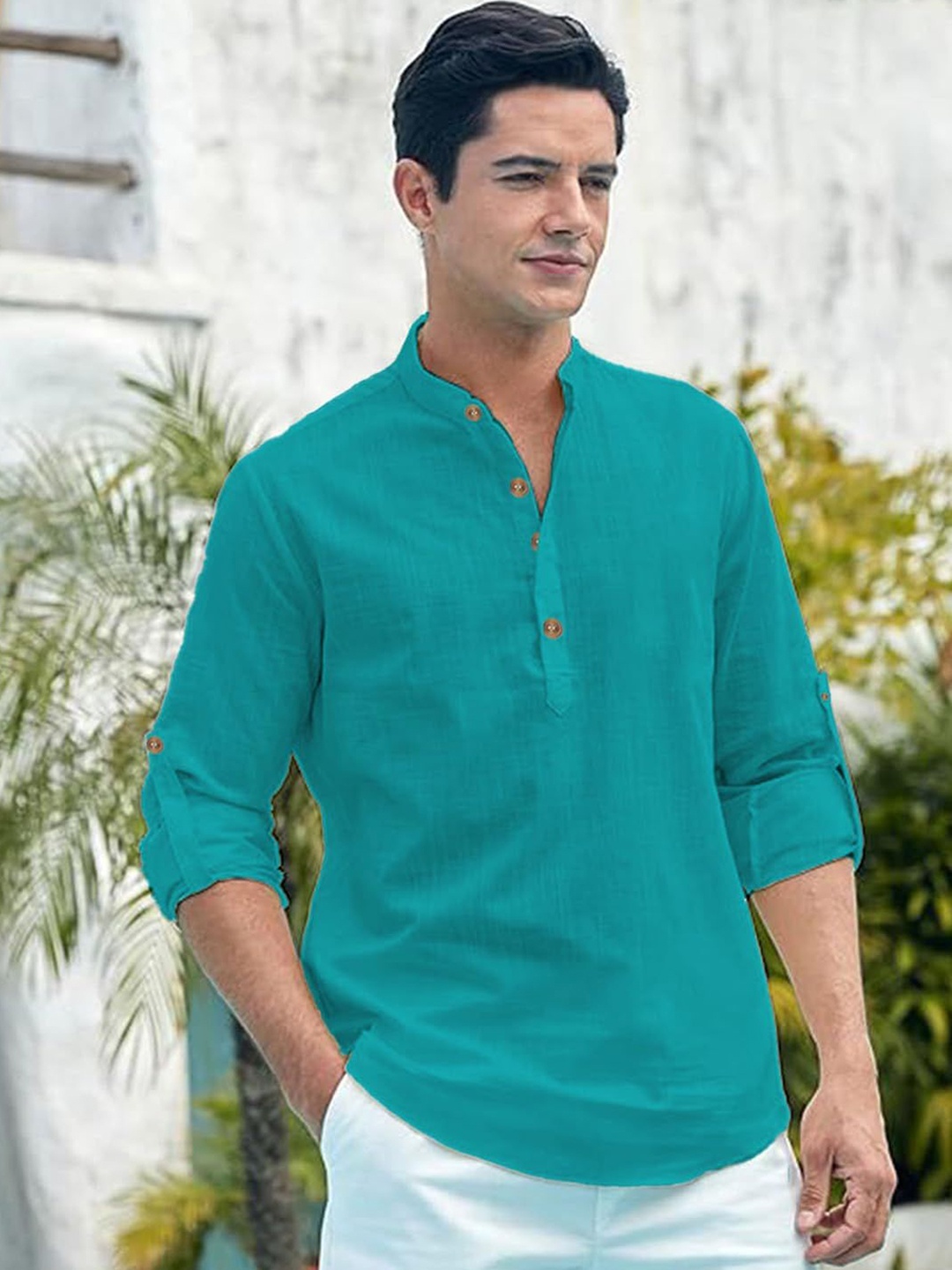 

Vida Loca Mandarin Collar Roll Up Sleeves Pure Cotton Short Kurta, Turquoise blue